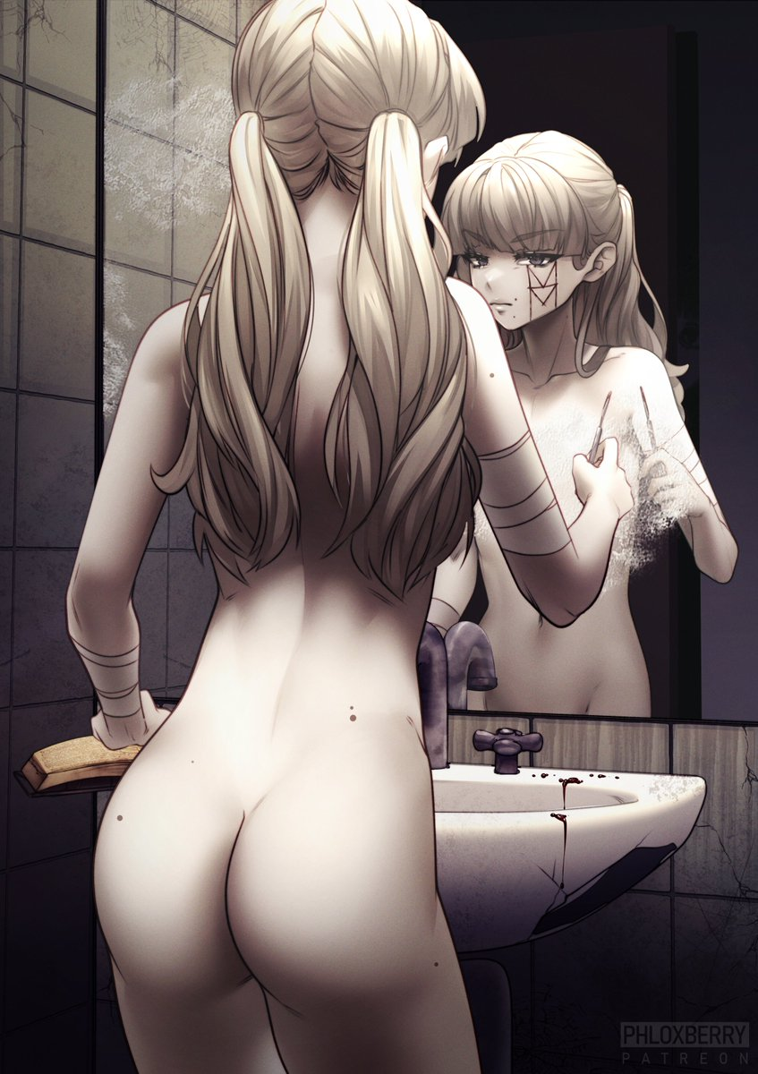 1girls ass back blood blood_on_face completely_nude fear_and_hunger fear_and_hunger:_termina grey_eyes holding_scalpel marina_(fear_and_hunger) mirror mole_on_ass phloxberry solo twintails