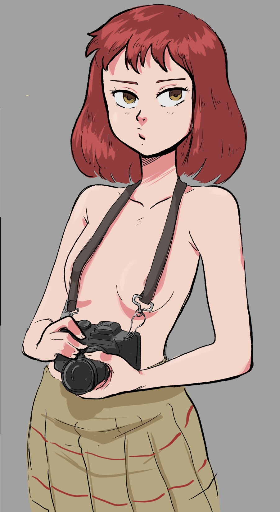 1girls amber_eyes camera covered_nipples flcl half_naked mamimi_samejima nipples_covered red_hair short_hair skirt small_breasts solo solo_female unwary_boi