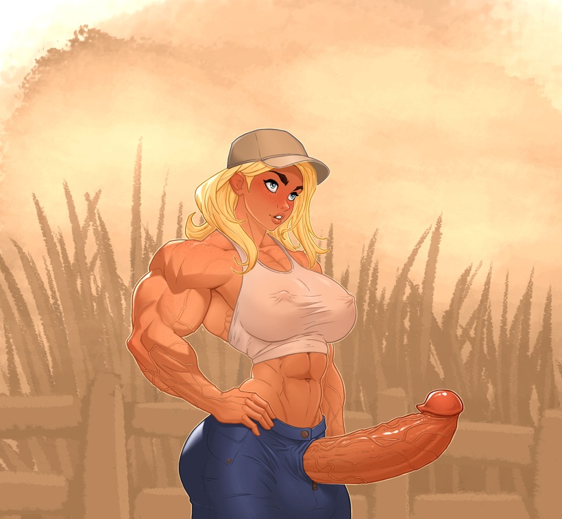 abs ball_bulge big_penis blonde_hair blue_eyes cap erect_nipples erect_nipples_under_clothes futa_only futanari huge_cock large_ass large_breasts mostly_clothed muscular muscular_futanari penis penis_out rookerrant tagme veiny_penis