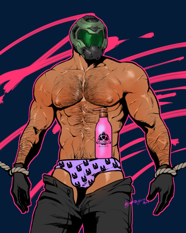 1boy areyouhun bara body_hair bulge clothed doom doom_slayer_(doom) gloves helmet male male_only muscles muscular muscular_male rope shampoo_bottle shampoo_challenge solo solo_male tagme underwear unzipped unzipped_pants video_game_character video_games