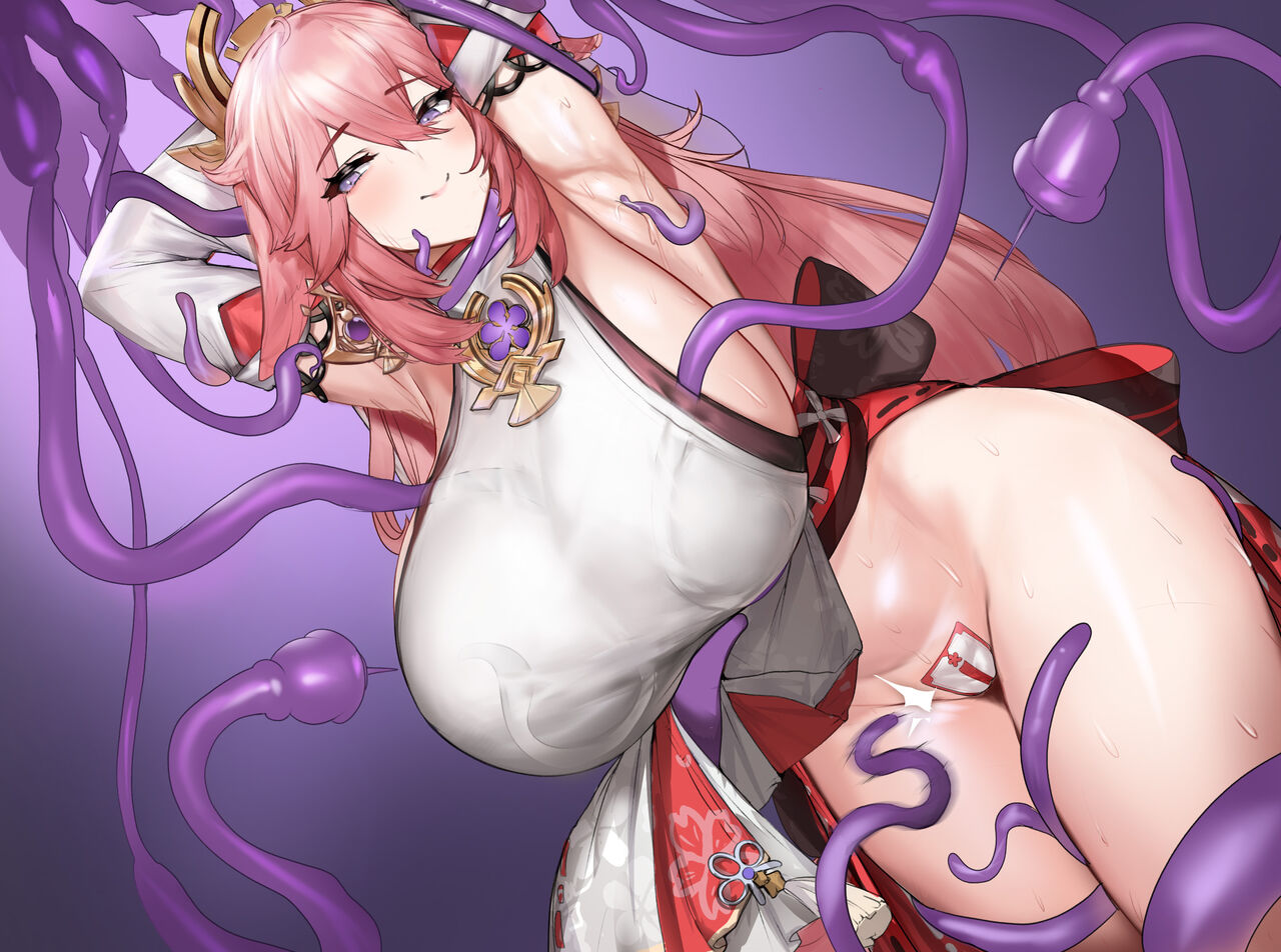 big breasts, breasts, covered pussy, female, genshin impact, moromoro, pussy, tentacle, yae miko