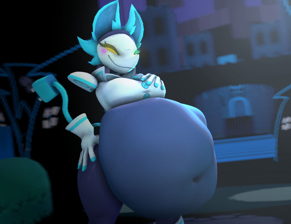 3d cally3d clazzey cryptiacurves deltarune floating_hands hand_on_breast hand_on_hip huge_belly qpwoei5 source_filmmaker tail tasque_manager_(deltarune) vore vore_belly