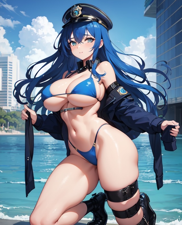 1girls ai_generated anime anime_style big_breasts bikini bikini_bottom bikini_top blue_eyes blue_hair enza1316 girl_only long_hair looking_at_viewer police police_hat police_uniform policewoman solo_female white_body