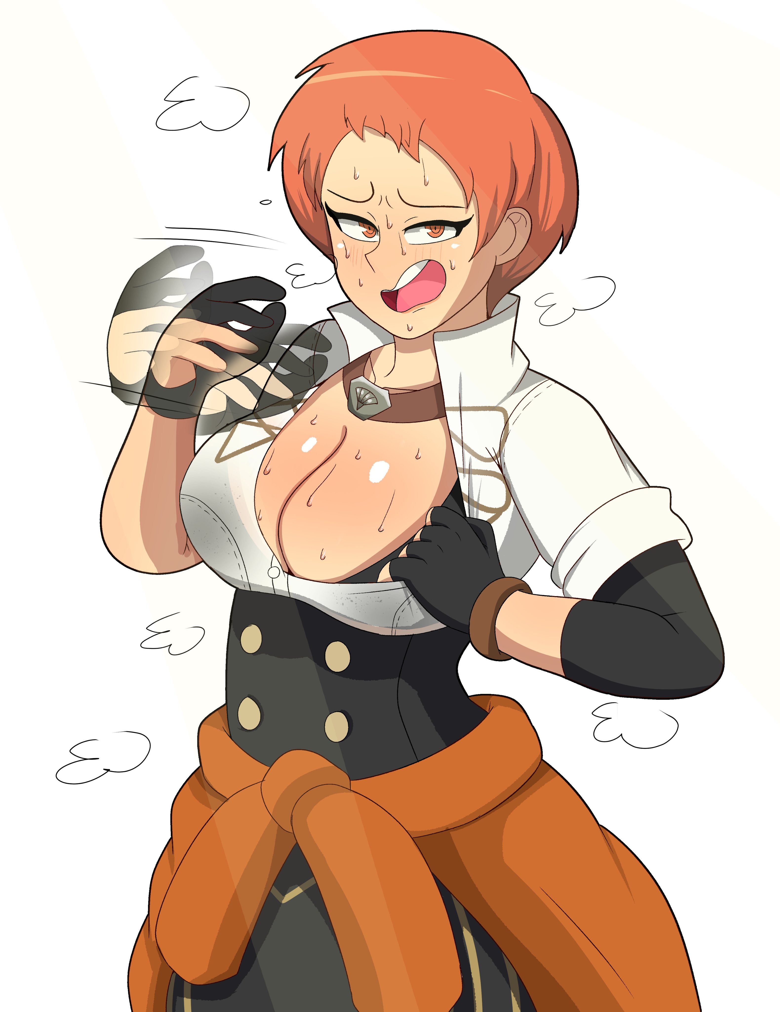 1girls, airing out, bra visible through clothes, breasts, cleavage, coat, fanning self, female, female only, fire emblem, fire emblem: three houses, garreg mach monastery uniform, large breasts, leonie pinelli, looking at viewer, mizului, necklace, orange eyes, orange hair, short hair, sweating, sweaty clothes