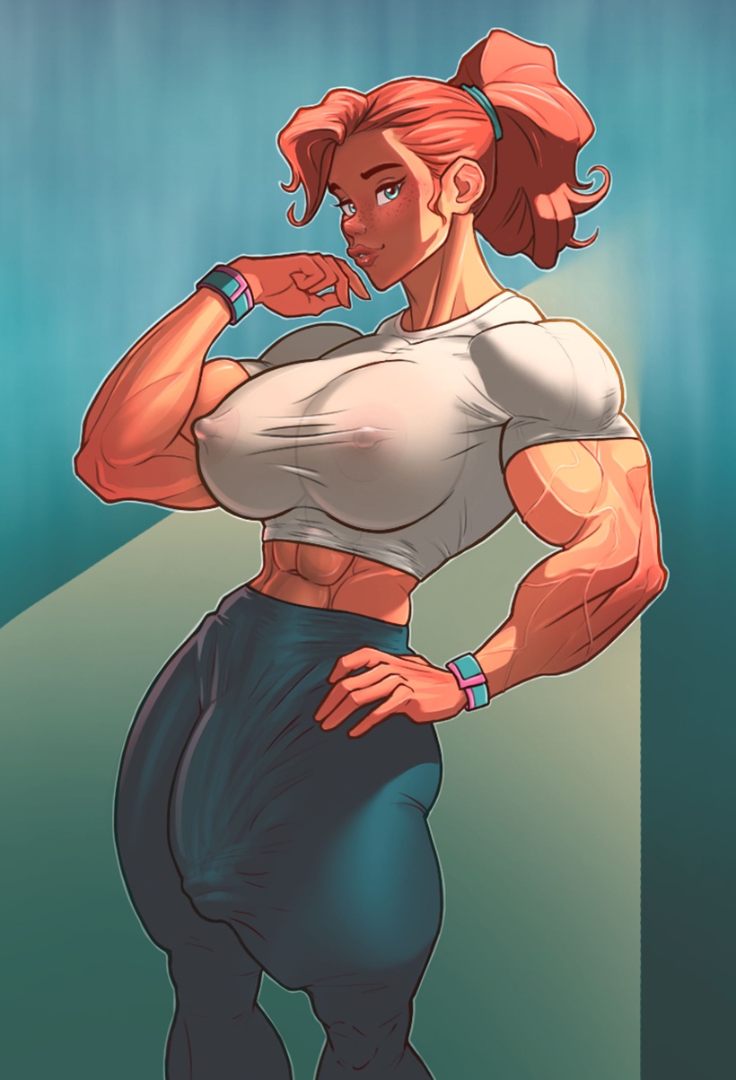 abs, big penis, blue eyes, breasts, bulge, clothing, erection under clothes, futanari, huge breasts, intersex, looking at viewer, muscular, muscular futa, nipples visible through clothing, penis, penis outline, ponytail, red hair, rookerrant, tagme, tight clothing