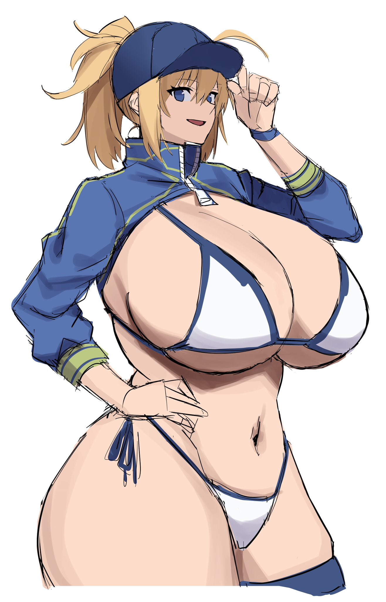 artoria_pendragon baseball_cap belly belly_button big_ass big_breasts big_butt bikini blonde_hair blue_eyes blue_headwear bra breasts breasts_bigger_than_head busty cap cleavage curvy curvy_female curvy_figure fate/grand_order fate_(series) hair_between_eyes hair_through_headwear hips hourglass_figure huge_breasts imuzi large_ass large_breasts large_butt light-skinned_female light_skin looking_at_viewer medium_hair micro_bikini mysterious_heroine_xx_(fate) mysterious_heroine_xx_(foreigner) navel open_mouth open_smile ponytail side-tie_bikini_bottom simple_background solo swimsuit thick_ass thin_waist underwear voluptuous voluptuous_female white_background white_bikini wide_hips wristband