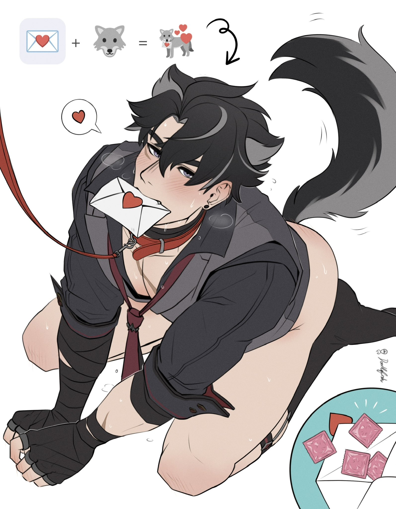 bara, black hair, blush, card, choker, condom, doodlefish75, earrings, garter, garter belt socks, gay, genshin impact, grey hair, holding object in mouth, leash, male, male only, partially clothed, scar, short hair, socks, tail, two-tone hair, wiggling, wriothesley (genshin impact), yaoi