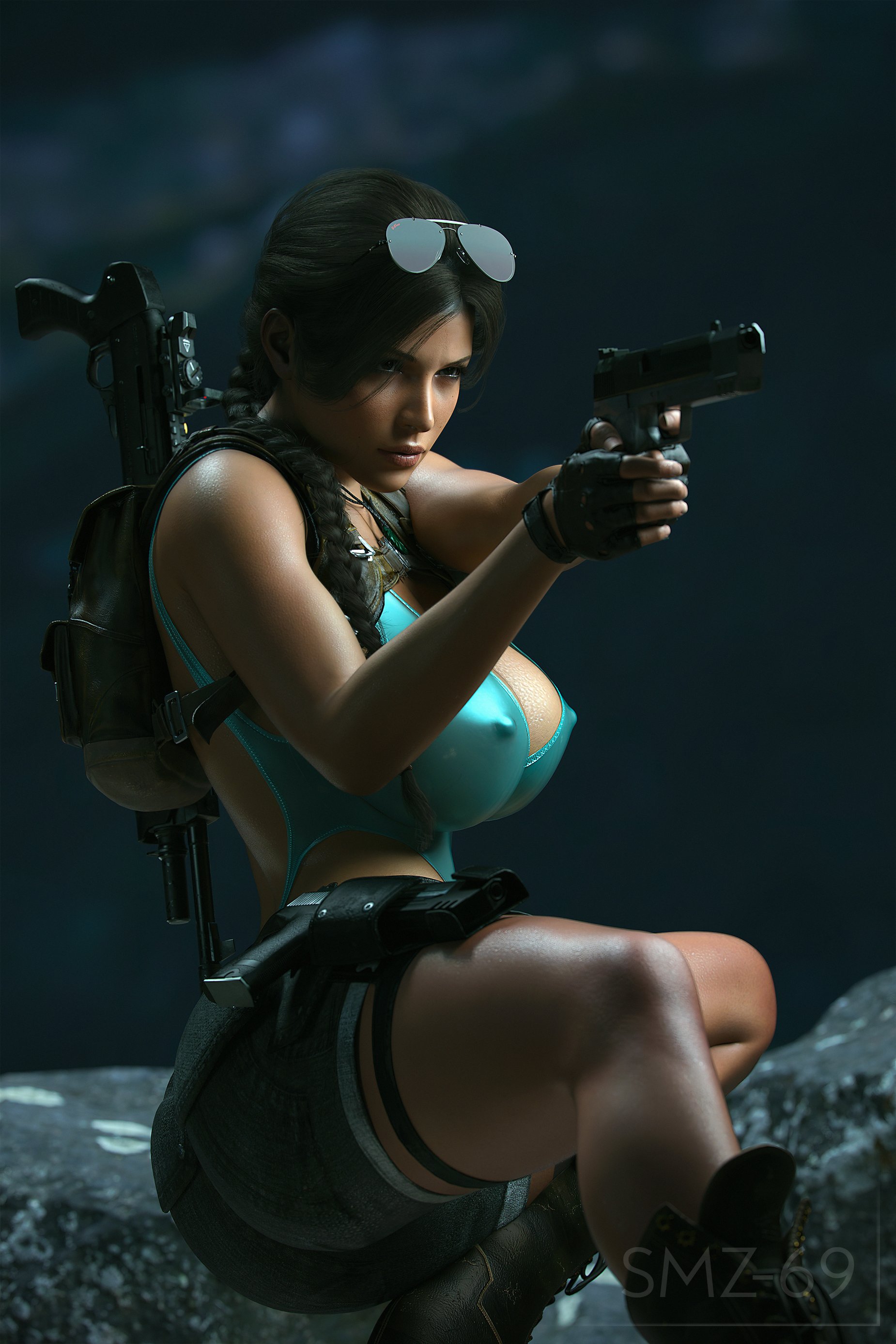 1girls, 3d, absurd res, ass, belt, big ass, big breasts, bikini, breasts, brown hair, clothing, embracer group, eyewear on head, female, female only, fingerless gloves, footwear, gloves, hi res, huge ass, human, lara croft, lara croft (survivor), large breasts, legwear, light skin, light-skinned female, nipple bulge, one-piece swimsuit, pale skin, shorts, smz-69, solo, solo female, sunglasses on head, swimsuit, tactical gear, thick thighs, tomb raider, tomb raider (survivor), wide hips