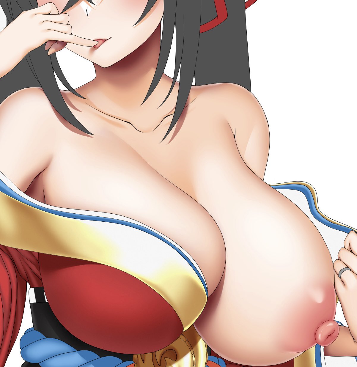 abukobato azur_lane black_hair breasts female highres japanese_clothes jewelry kimono large_breasts licking licking_finger long_hair nipples one_breast_out red_kimono ring simple_background solo taihou_(azur_lane) tongue tongue_out unfinished upper_body very_long_hair wedding_ring white_background