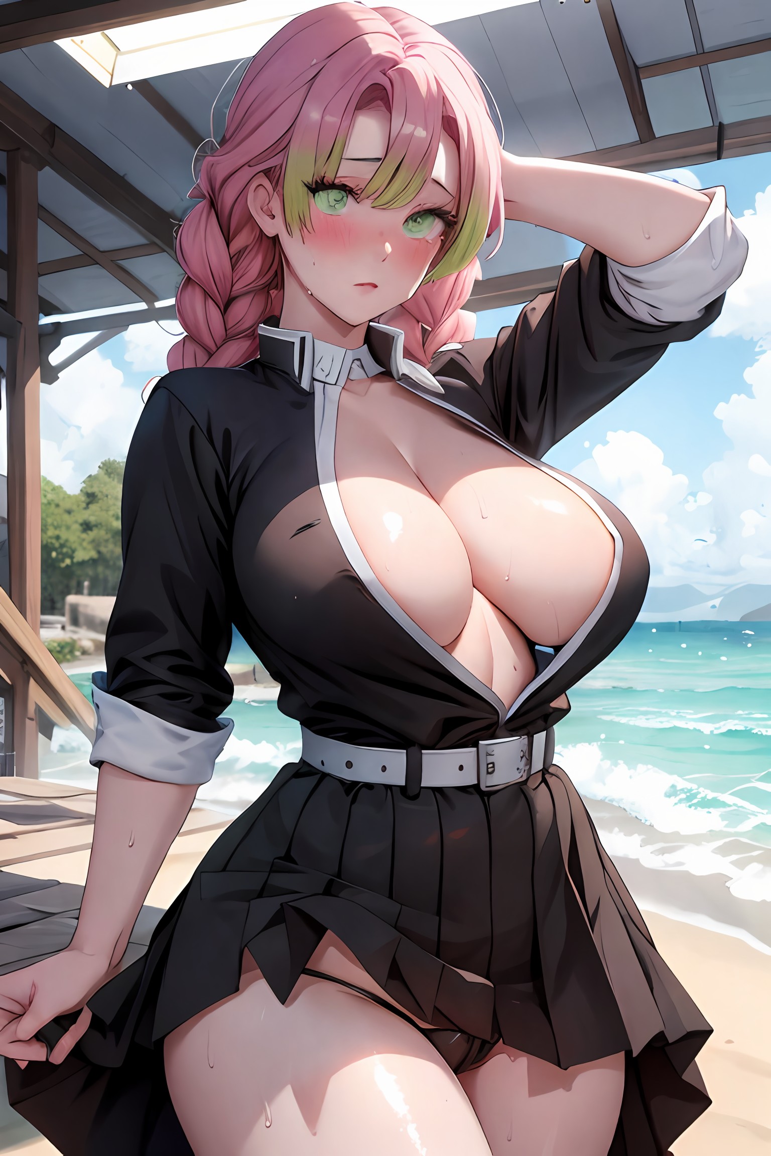 ai generated, ass, big ass, big breasts, breasts, demon slayer, female, female only, kanroji mitsuri, kimetsu no yaiba, panties, school uniform