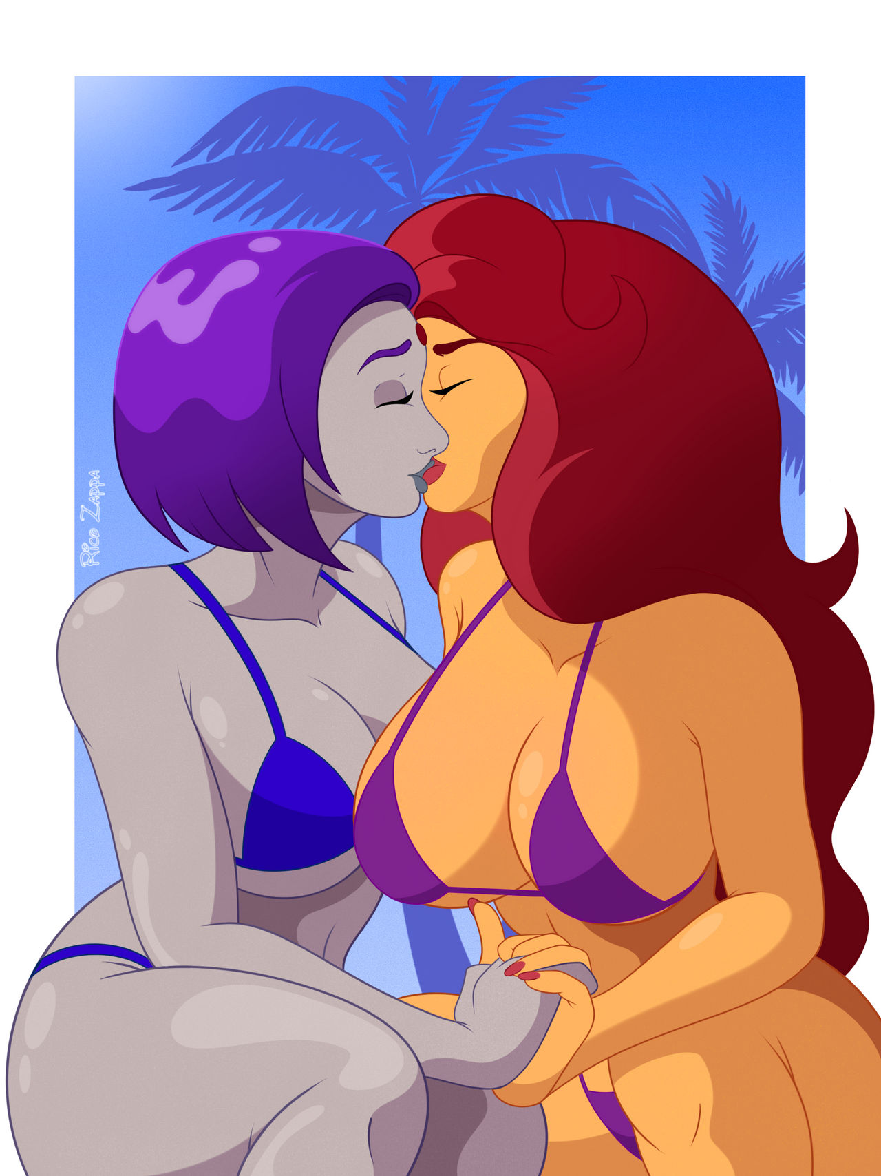 2girls alien alien_girl beach big_breasts bikini breasts cartoon_network closed_eyes dc dc_comics duo duo_female duo_focus female female_only grey_skin holding_hands kissing lesbian_kiss long_hair long_hair_female micro_bikini multiple_girls orange_skin purple_hair rachel_roth raven_(dc) red_hair ricozappa starfire superhero superheroine teen_titans yuri