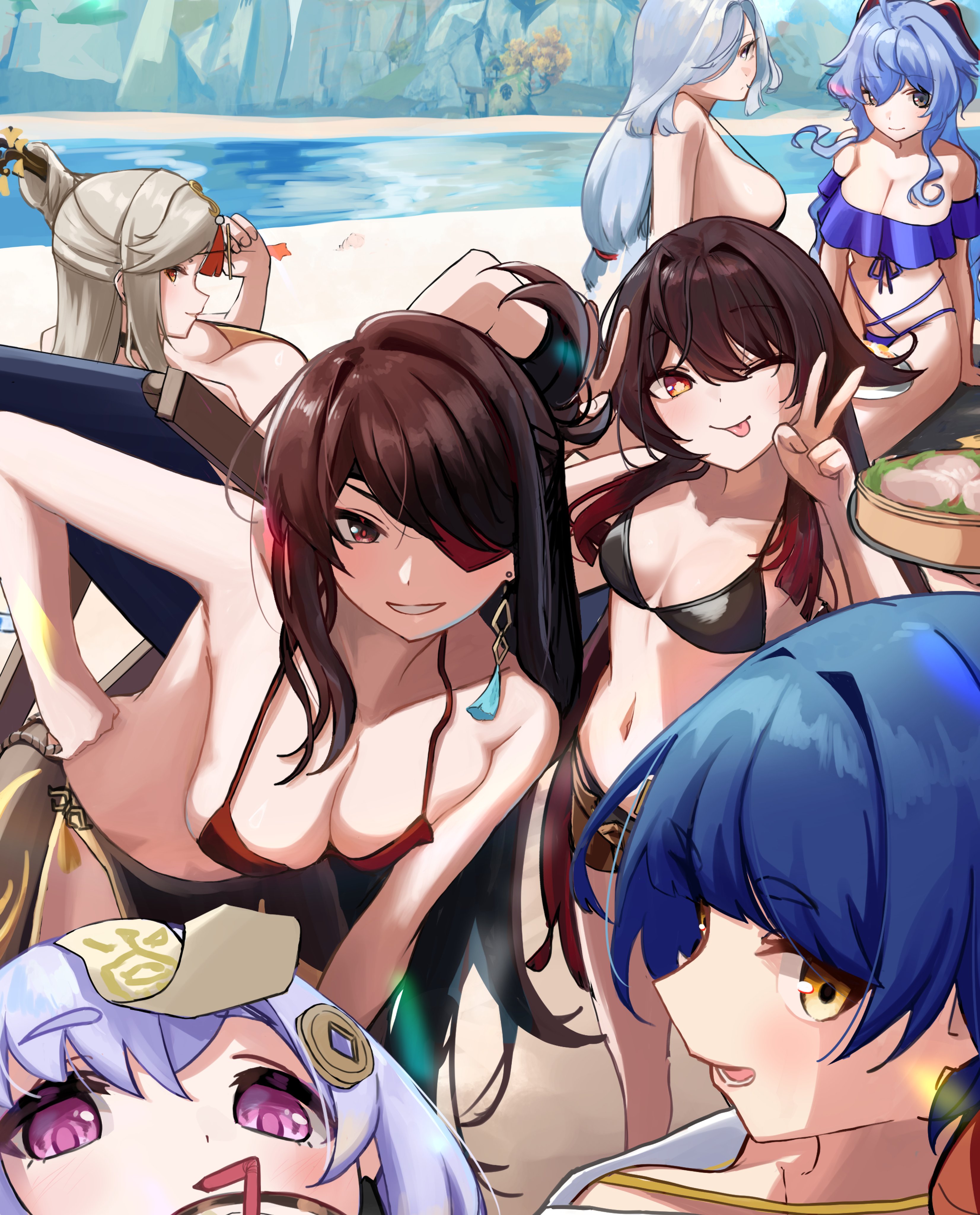 6+girls, absurdres, beach, beidou (genshin impact), bikini, blue hair, breasts, brown hair, dondobi, double v, drinking straw, earrings, eyepatch, female, food, ganyu (genshin impact), genshin impact, grey hair, highres, horns, hu tao (genshin impact), jewelry, large breasts, multiple females, multiple girls, ningguang (genshin impact), one eye closed, purple eyes, purple hair, qiqi (genshin impact), red eyes, sarong, shenhe (genshin impact), small breasts, smile, swimsuit, tongue, tongue out, v, xiangling (genshin impact), yellow eyes