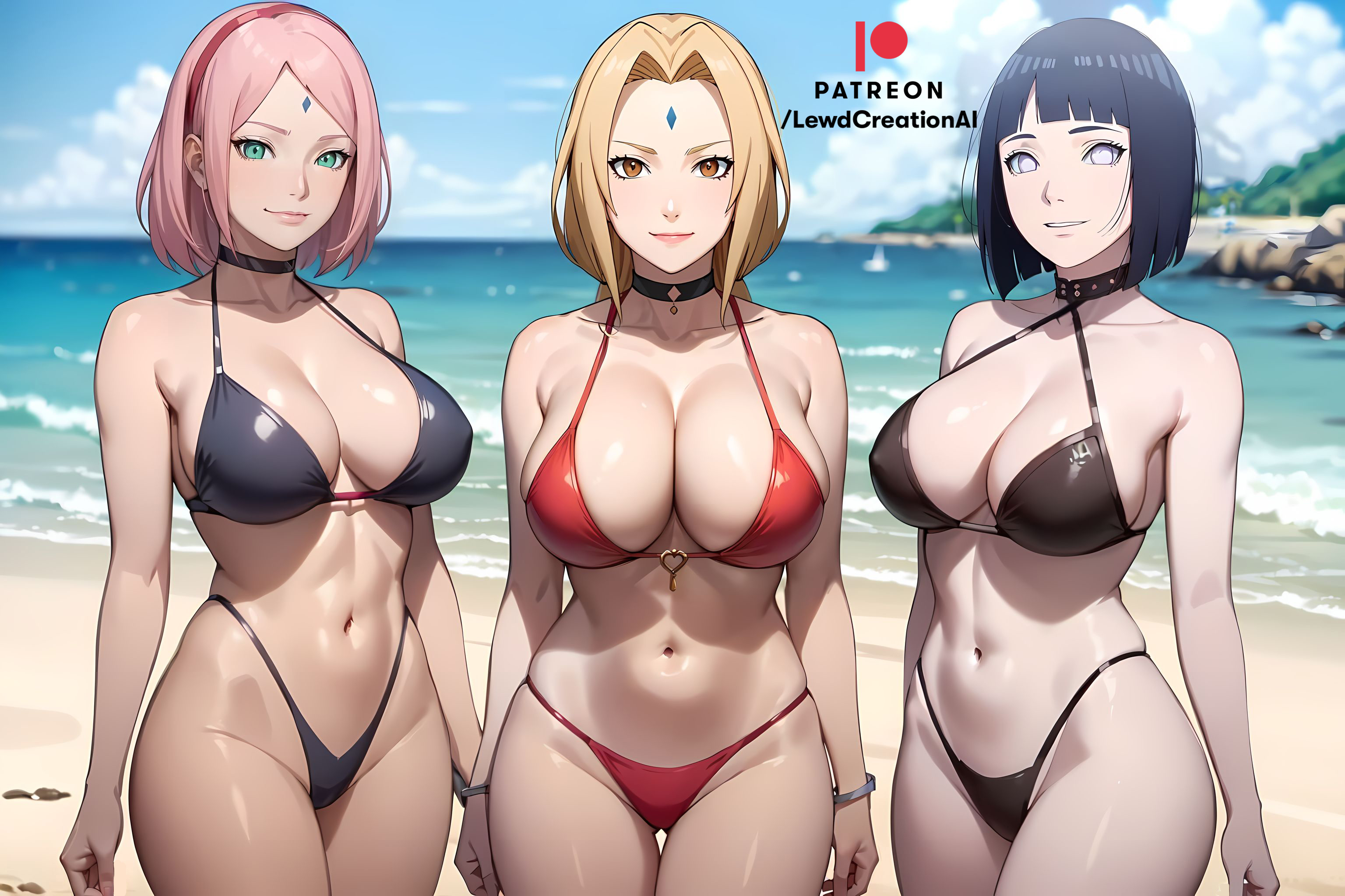 3girls, ai generated, armpit, armpits, big breasts, bikini, bikini bottom, bikini top, black hair, blonde female, blonde hair, blonde-haired female, blush, blushing at viewer, boruto: naruto next generations, breasts, cameltoe, choker, dominant, dominant female, domination, embarrassed, enormous breasts, female, female only, forehead gem, forehead jewel, forehead mark, from below, green eyes, grey eyes, hands behind back, haruno sakura, huge breasts, human, hyuuga hinata, lewdcreationsai, looking at viewer, multiple females, multiple girls, naruto, naruto (classic), naruto (series), naruto shippuden, naruto: the last, navel, pink hair, pussy, sakura haruno, smile, smirk, smirking, smirking at viewer, swimsuit, swimwear, thick thighs, thighs, tsunade, uchiha sakura, uzumaki hinata, white eyes