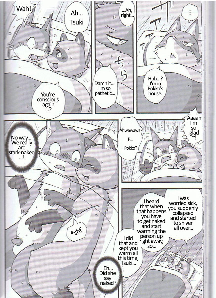 1boy ambiguous_gender bed blanket breasts breath canine comic decensored fangs fast_and_furryious fox furry manga mikazuki_karasu monochrome nude penis pokko raccoon sweat testicles text tired translated tsuki unconscious winter