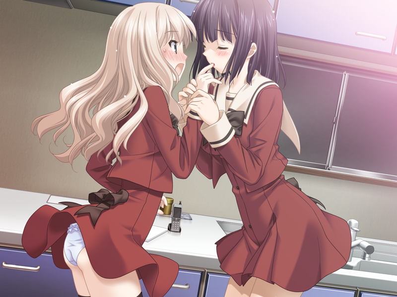 black_hair blonde_hair blush cg eroge female fuguriya game_cg green_eyes kawamura_reo multiple_girls purple_eyes sawaguchi_mai schoolgirl sono_hanabira_ni_kuchizuke_wo yuri