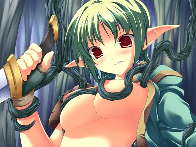 angry areolae armor blush breast_grab breasts clenched_teeth dagger elf erect_nipples exposed_breasts female forest green_hair grope knife large_breasts midriff nipples oppai red_eyes restrained shirt_lift stripped_by_tentacles tagme tentacle tentacle_around_arms tentacles_around_breasts undressing