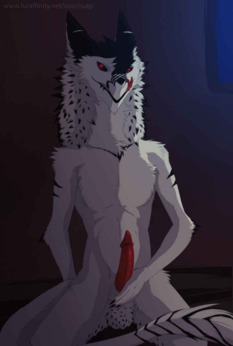 1boy black_sclera erection furry glaring holding jager looking_at_viewer male markings masturbation no_nipples nude penis red_eyes seductive sergal sidgi solo white_fur