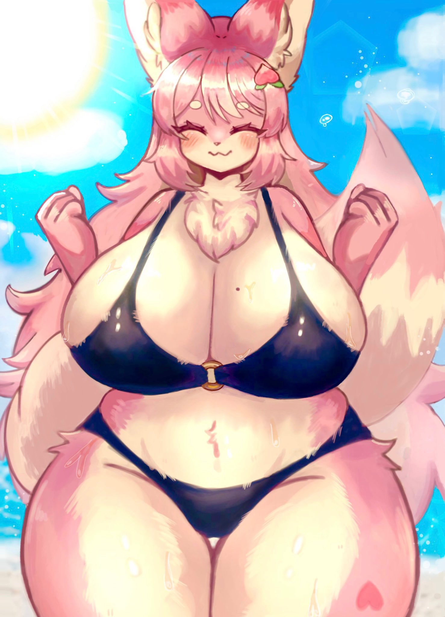 anthro closed_eyes cute fox fox_girl furry happy huge_breasts humanoid in_pnj original_character pink_fur smile thick_thighs venus_body voluptuous wholesome wide_hips