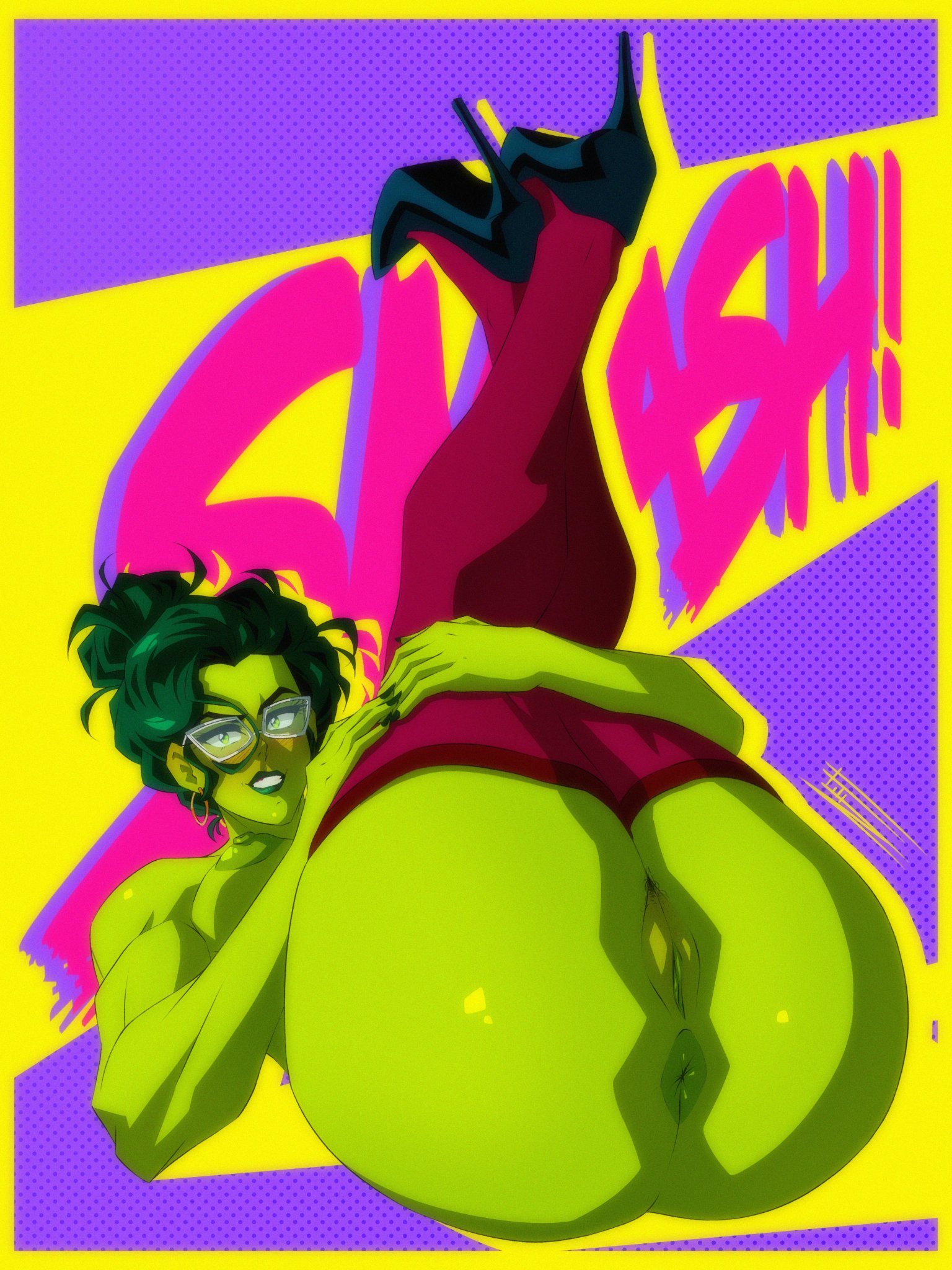 1girls, anus, ass, big ass, blush, breasts, english text, female, fitiddies, glasses, green eyes, green hair, green skin, green-skinned female, hair between eyes, hair bun, high heels, hulk (series), legs up, looking at viewer, marvel, marvel comics, muscular, muscular female, naked, naked female, naked footwear, presenting, presenting anus, presenting pussy, pubic hair, pussy, shaved pussy, she-hulk, solo, stockings