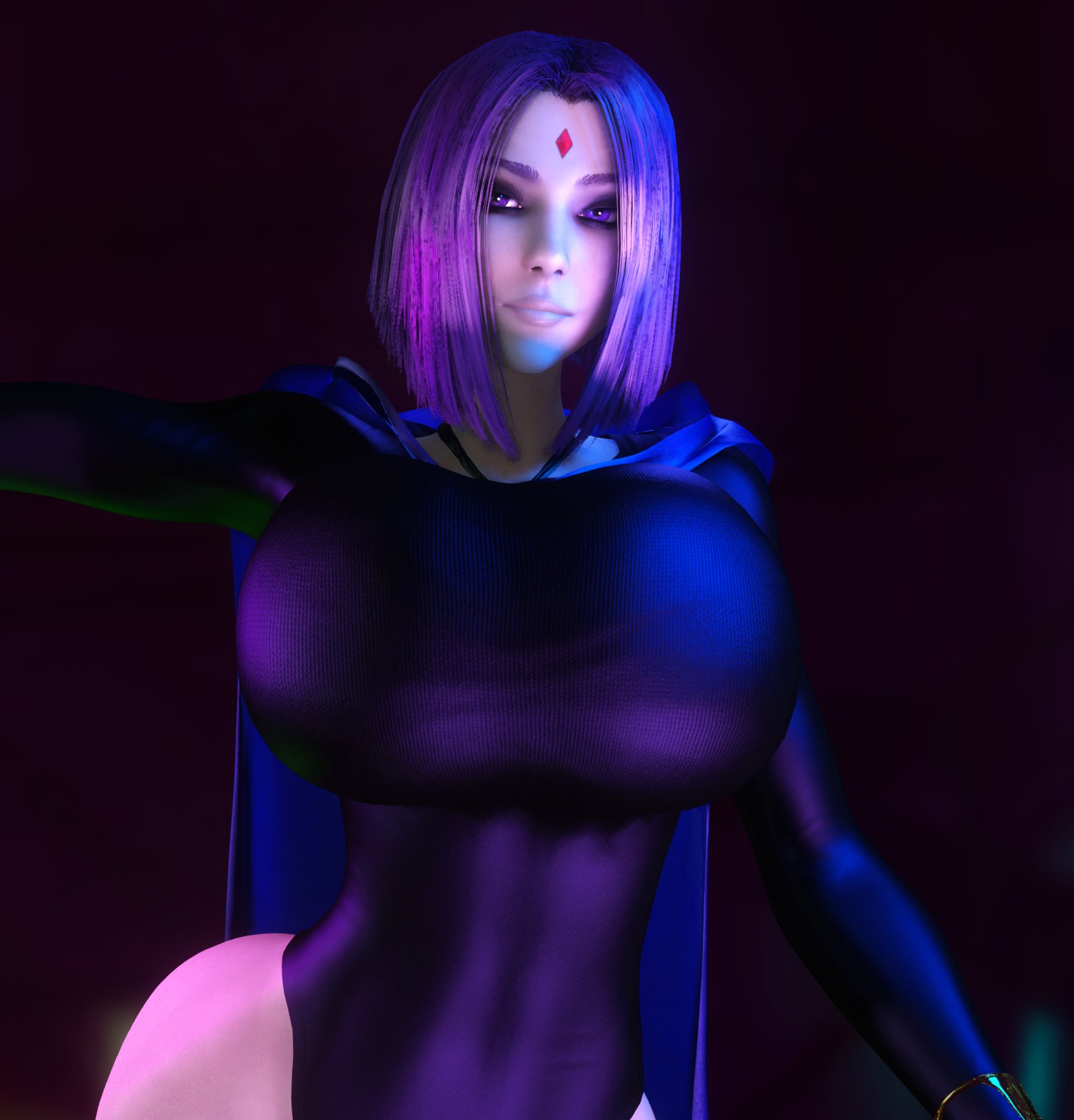 1girls, 3d, 3d (artwork), alternate breast size, big breasts, breasts, breasts bigger than head, cape, clothed, clothed female, dc, dc comics, female, female only, gigantic breasts, half demon, half-demon, hi res, high resolution, highres, hourglass figure, huge breasts, large breasts, looking at viewer, purple eyes, purple hair, rachel roth, raven (dc), skin tight, skindentation, small waist, solo, solo female, tagme, teen titans, thin waist, top heavy, upper body, vaako, wide hips