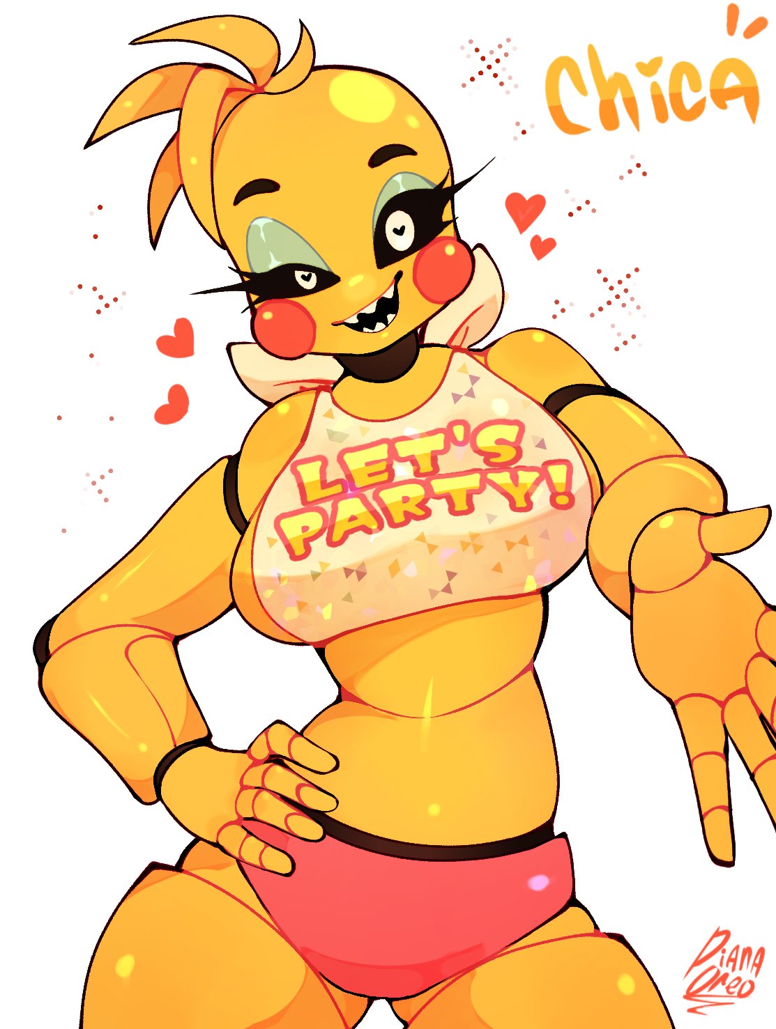 bib, black sclera, breasts, eyelashes, female, five nights at freddy's, five nights at freddy's 2, hand on hip, heart, heart-shaped pupils, large breasts, long eyelashes, panties, sharp teeth, solo, toy chica (fnaf), yellow body