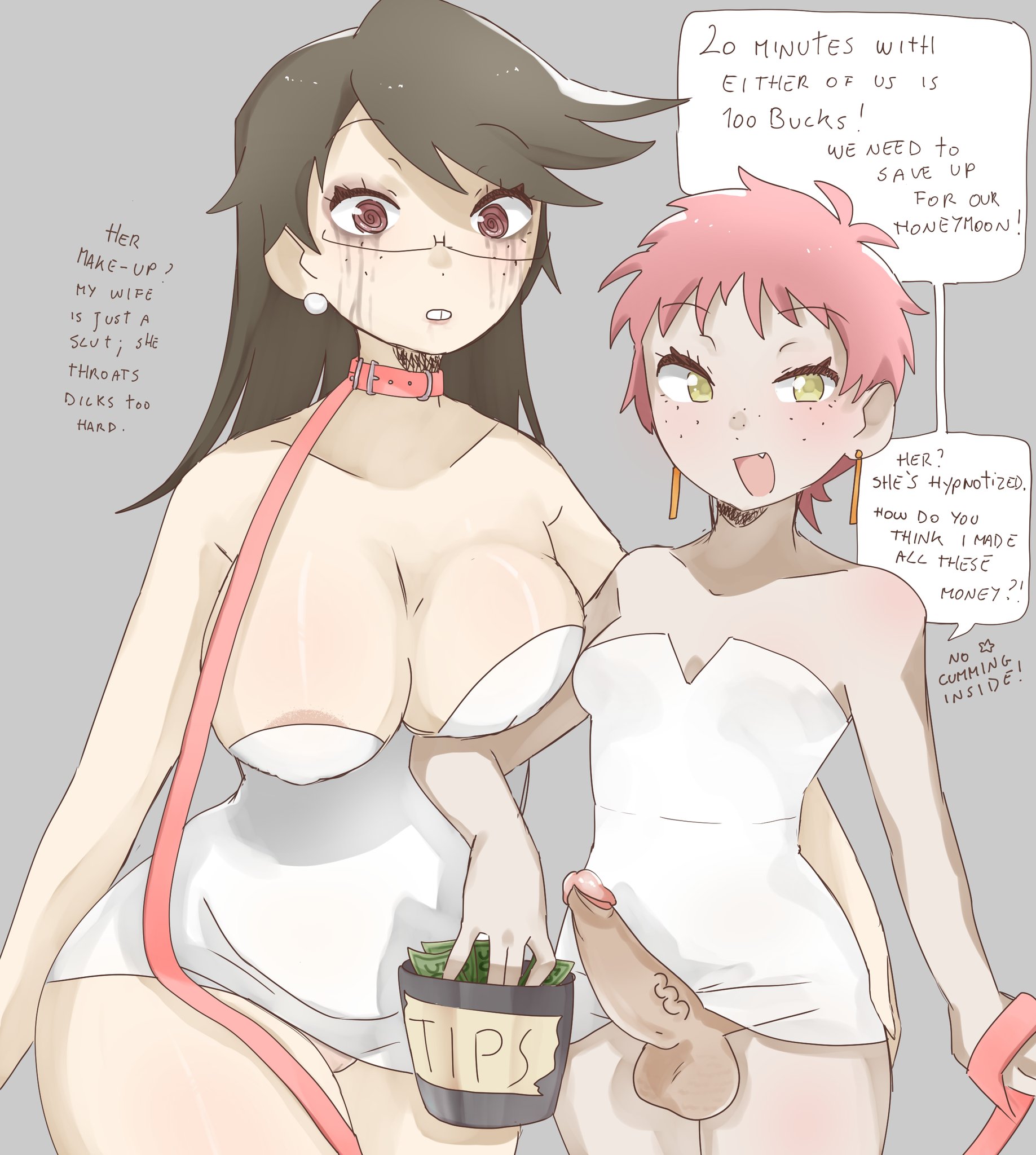 1futa, 1girls, areola slip, balls, big breasts, black hair, bottomless, breasts, clothed, clothing, collar, couple, dialogue, dress, duo, earrings, english text, erection, female, femsub, futa with female, futadom, futanari, glasses, green eyes, human, hypnosis, hypnotic eyes, intersex, leash, light skin, light-skinned female, light-skinned futa, long hair, married, married couple, married female, married futa, mascara tears, melonpan, money, open mouth, original character, partially clothed, penis, pink hair, pinkmelon, prostitute futa, prostitution, ruined makeup, short hair, standing, text, tip jar