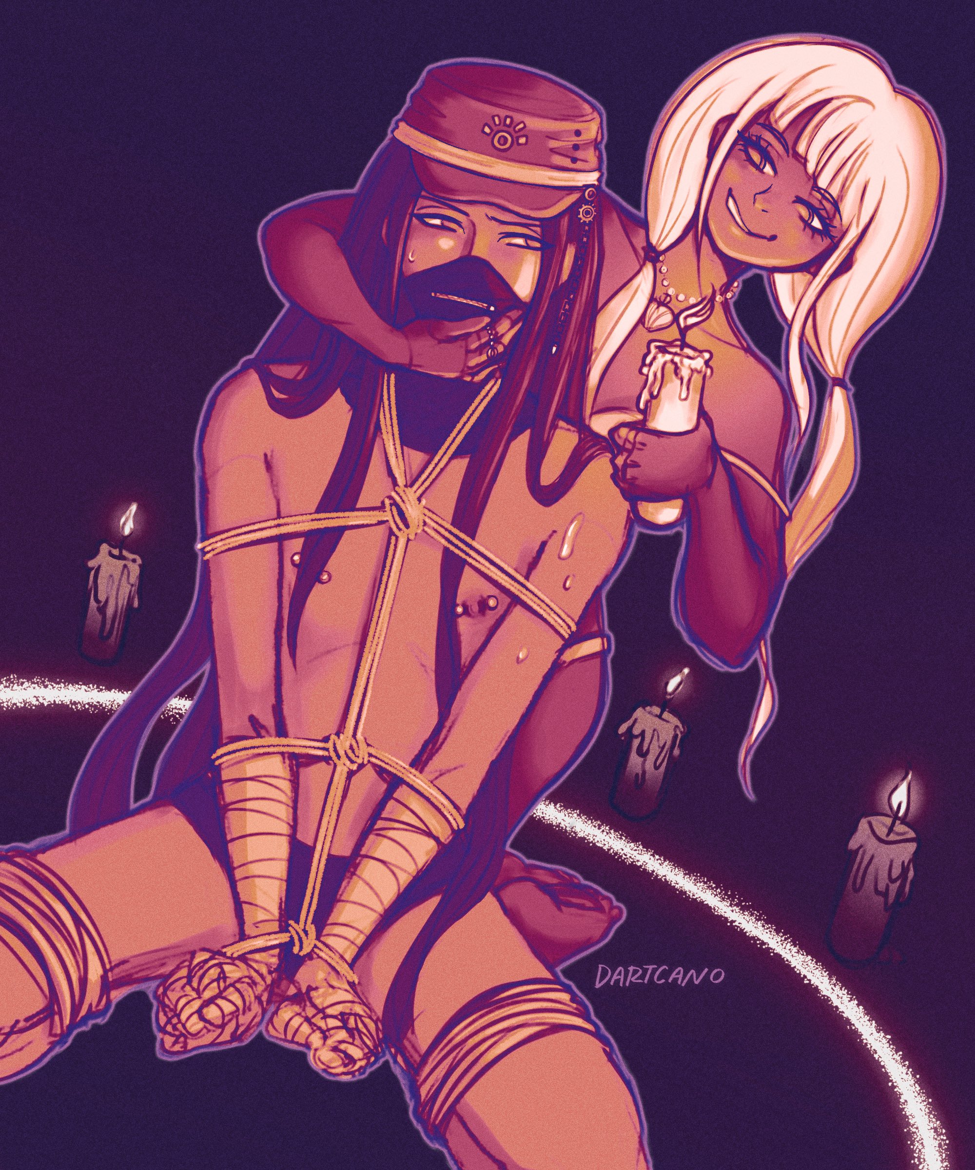 1boy, 1girls, artist name, bikini, bikini top, bondage, bound, bound arms, bound legs, bound wrists, candle, candles, danganronpa, danganronpa v3, dartcano, female, grabbing, hand wraps, hat, korekiyo shinguji, leaning, limited palette, long hair, long-haired male, male, mask, masked, masked male, necklace, pierced nipples, piercing, piercings, restrained, ritual, rope bondage, shibari, shinguji korekiyo, shirtless male, straight, tied arms, tied hands, tied legs, tied up, wax, yonaga angie