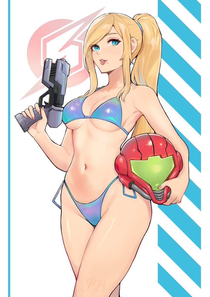 absurdres bikini blonde_hair blue_bikini blue_eyes cleavage female female_only femsub gun happy_female happy_sub headwear_removed helmet helmet_removed highres holding holding_gun holding_weapon jetblaackk logo metroid navel nintendo no_headwear ponytail revealing_clothes samus_aran sole_female solo submissive submissive_female swimsuit thong weapon white_background willing_sub