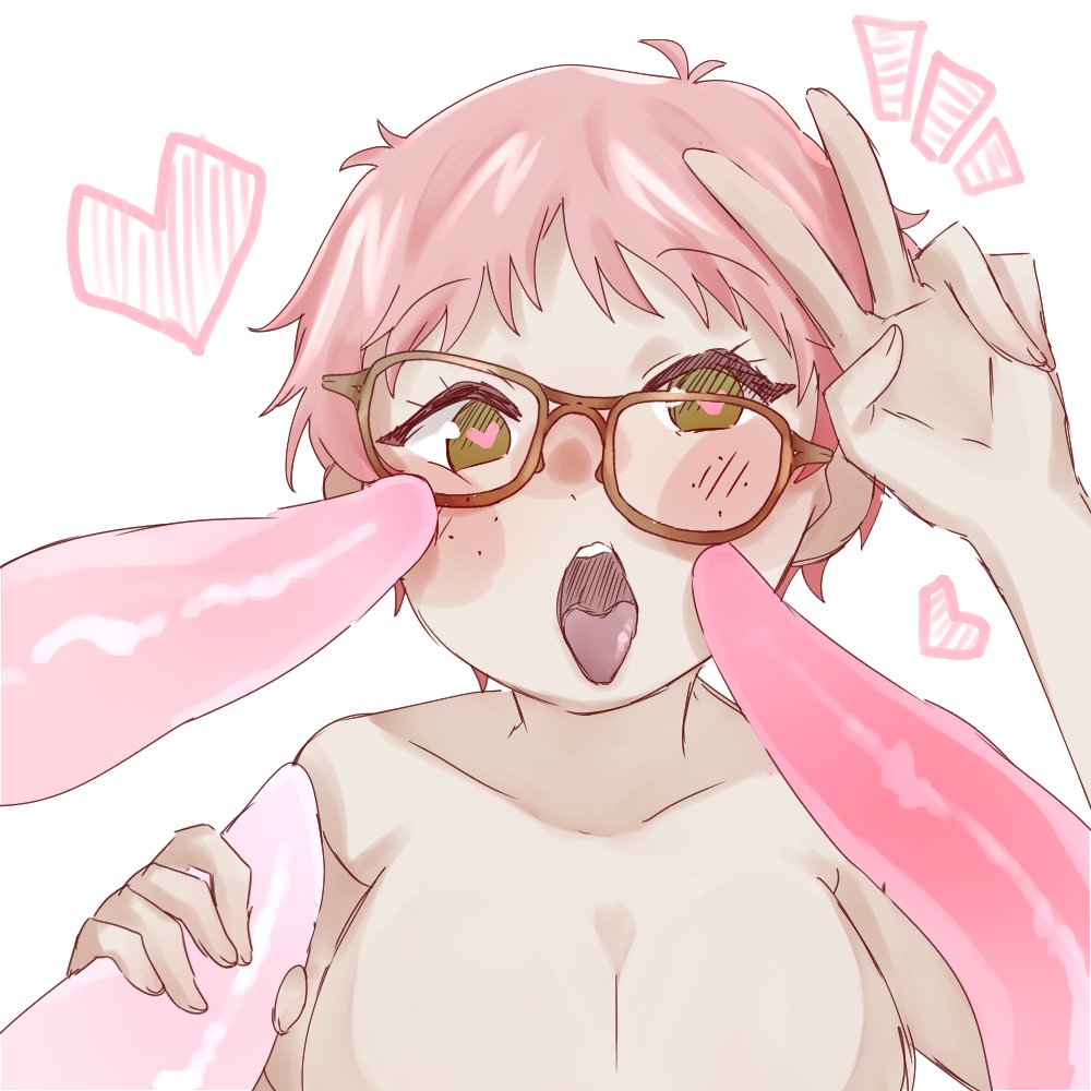 1girls, areolae, big breasts, breasts, female, female focus, glasses, green eyes, heart-shaped pupils, huge breasts, human, light skin, light-skinned female, male, melonpan, nipples, nude, open mouth, original character, peace sign, penis, pink hair, pinkmelon, short hair, simple background, solo focus, tentacle, tentacle penis, tongue, tongue out, white background