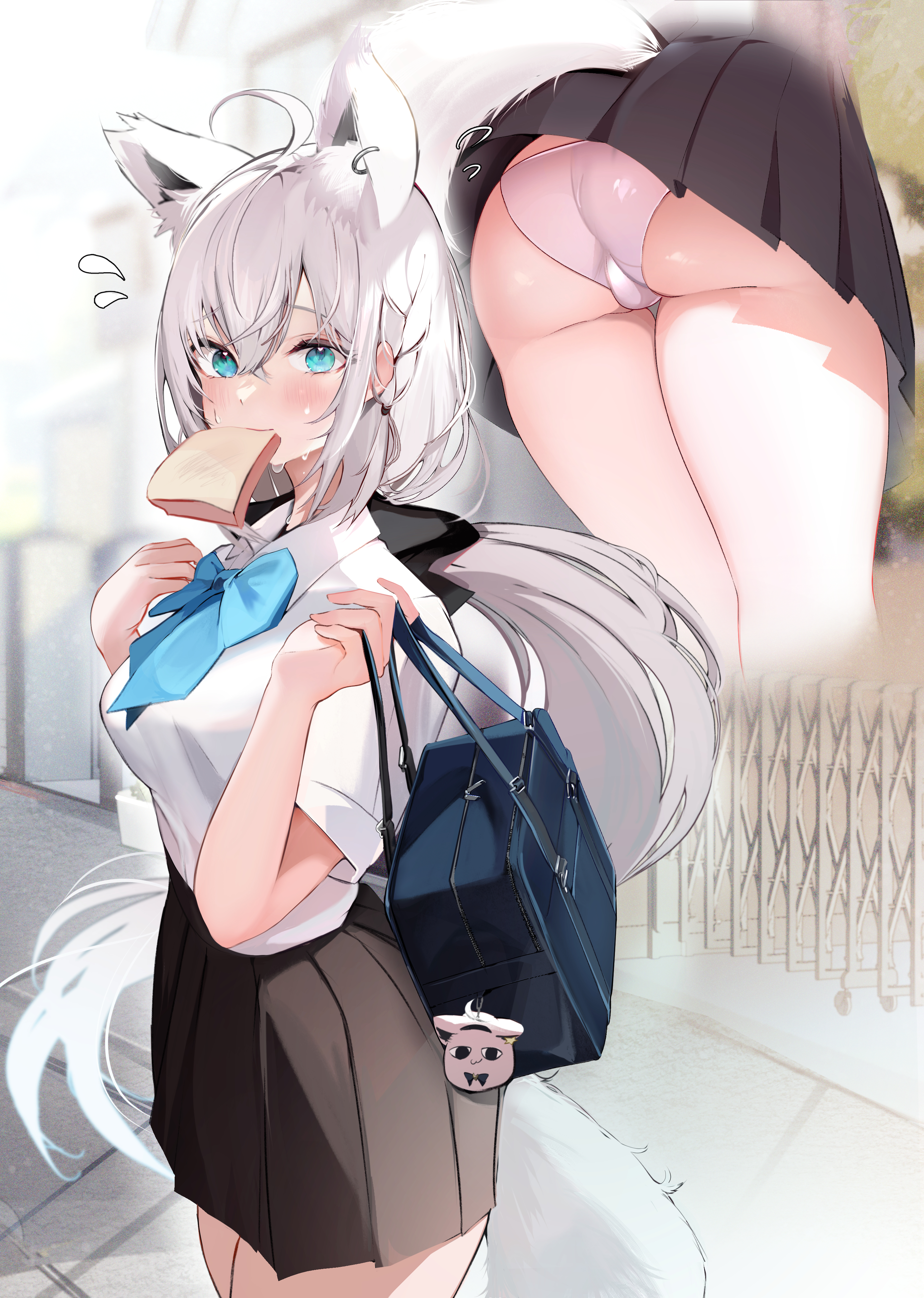 absurdres, ahoge, animal ears, ass, bag, black skirt, braid, bread, cake, commentary request, female, food, fox ears, fox girl, fox tail, highres, holding, holding bag, hololive, hololive gamers, hololive gen 1, hololive japan, long hair, looking at viewer, miteiru (shirakami fubuki), mouth hold, multiple views, niku (hamuchang), panties, school bag, school uniform, shirakami fubuki, shirt, short sleeves, single braid, skirt, tail, underwear, upskirt, virtual youtuber, white hair, white panties, white shirt