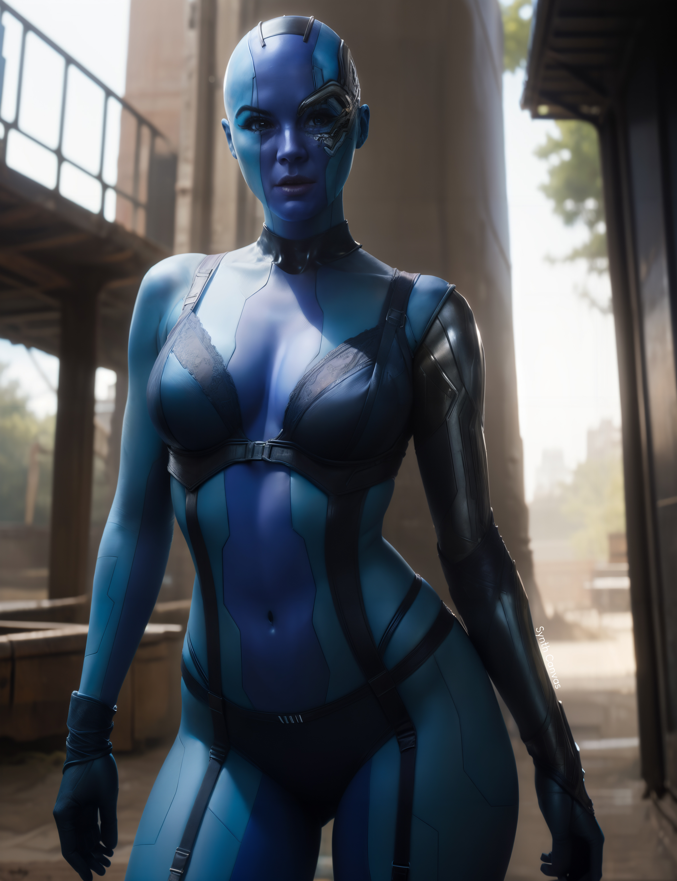1girls, ai generated, alien, alien girl, blue body, blue skin, blue-skinned female, breasts, cleavage, disney+, female, female only, guardians of the galaxy, hips, humanoid, lingerie, marvel, marvel cinematic universe, marvel comics, nebula (marvel), purple lipstick, solo, solo female, stable diffusion, synth canvas, tagme, thick lips, toned, toned female, underwear