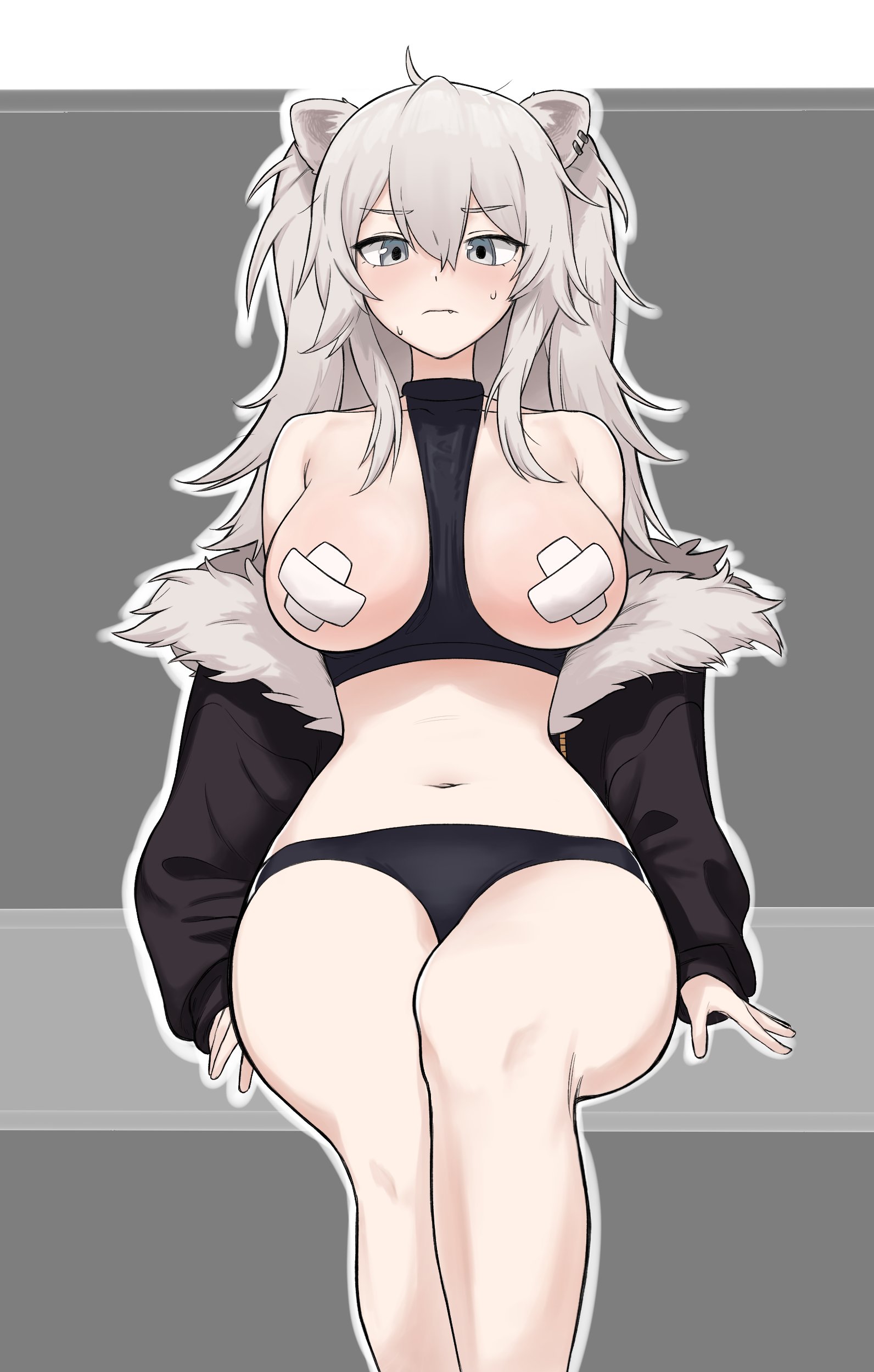 bandage, blush, breasts, breasts out of clothes, crop top, exposed breasts, female, female only, full-face blush, fur coat, hololive, hololive gen 5, hololive japan, huge breasts, jacket off shoulders, large breasts, light skin, light-skinned female, pale skin, pale-skinned female, pasties, shishiro botan, simple background, sitting, slender waist, solo, solo female, sweatdrop, unamused, virtual youtuber, x pasties