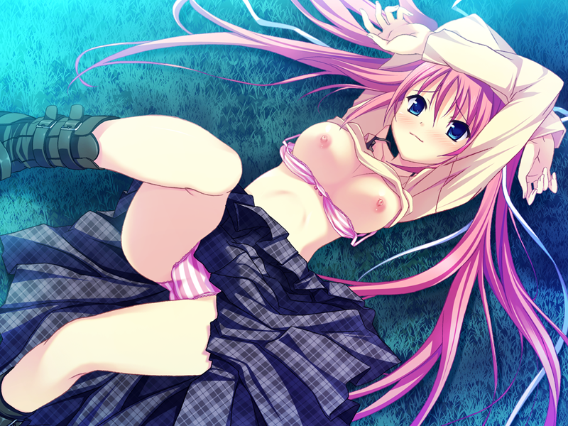 belt blue_eyes bra breasts clothes_lift female game_cg hair_ornament hair_ribbon kodama_izayoi koku leg_up lying night non-web_source on_back on_grass panties pink_hair ribbon shirt shirt_lift skirt skirt_lift solo stellula_eques striped striped_panties underwear