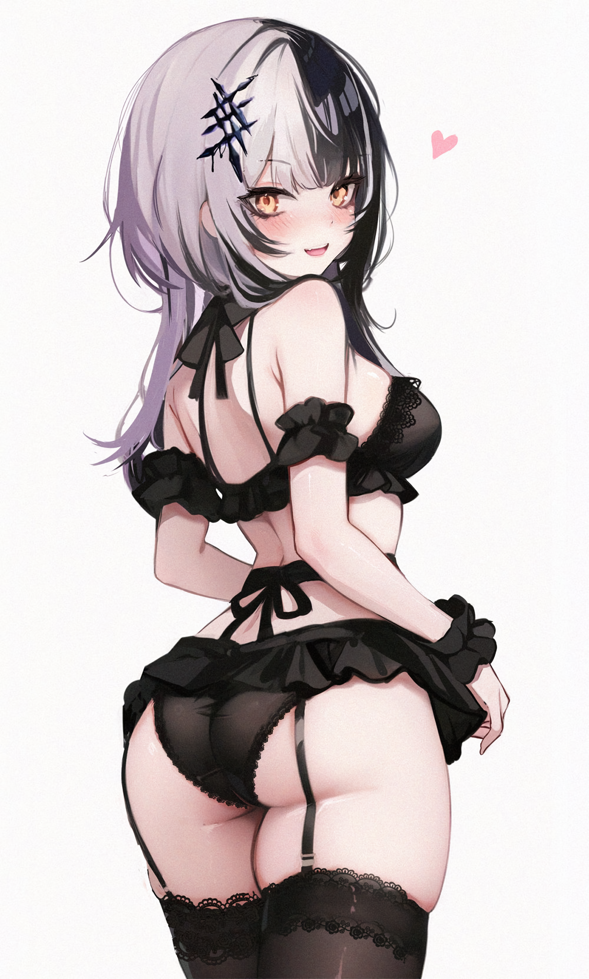 ass, ass focus, bare shoulders, black bra, black hair, black panties, black thighhighs, blunt bangs, blush, bra, breasts, choker, commentary, cowboy shot, english commentary, female, from behind, garter straps, grey hair, hair ornament, hairclip, heart, highres, hololive, hololive english, hololive english -advent-, koahri, lace, lace trim, lace-trimmed bra, lace-trimmed panties, lace-trimmed thighhighs, long hair, looking at viewer, looking back, medium breasts, multicolored hair, no pants, open mouth, orange eyes, panties, shiori novella, smile, solo, split-color hair, teeth, thighhighs, thighs, two-tone hair, underwear, upper teeth, virtual youtuber, white hair, yellow eyes