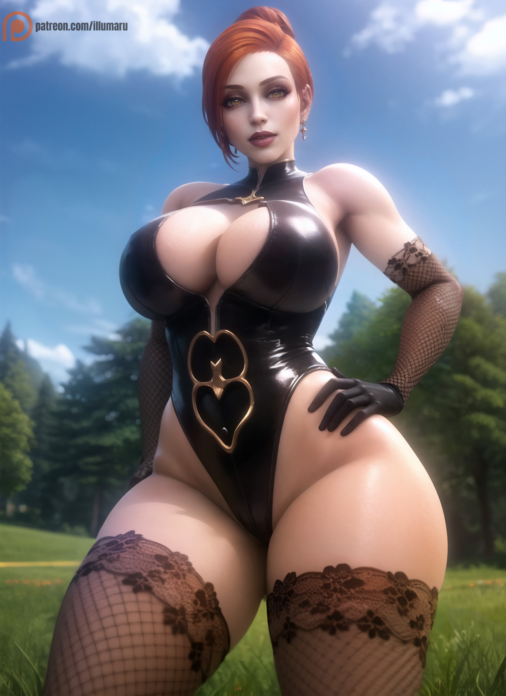 1girls, 2023, ai generated, armwear, ass, assumi, big breasts, black leotard, blizzard entertainment, breasts, curvaceous, curvy, curvy figure, detailed, dress, female, female only, fishnet legwear, fishnet stockings, fishnets, from below, gloves, goth, goth girl, hand on hip, hi res, illumaru, jewelry, large breasts, leotard, long gloves, looking at viewer, looking down, looking down at viewer, makeup, mature female, milf, nature, orange eyes, outside, red hair, seductive look, seductive smile, solo, stable diffusion, stockings, thick thighs, thighhighs, thighs, warcraft, warlock, warlock (warcraft), world of warcraft
