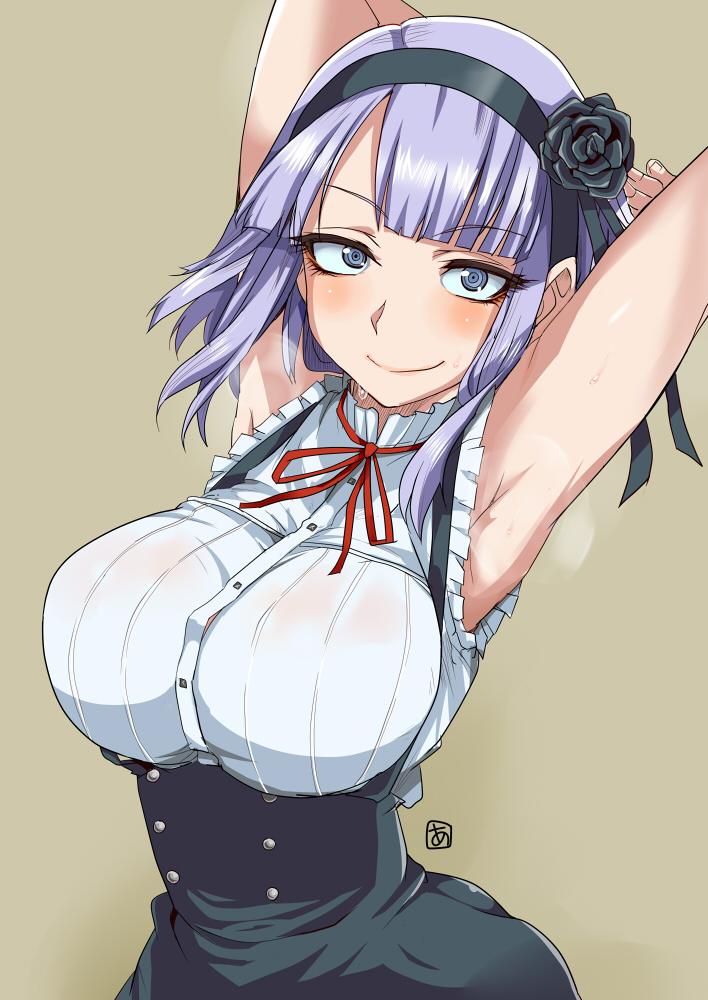 1girls, armpits, dagashi kashi, female, female only, purple eyes, purple hair, shidare hotaru, solo, unknown artist