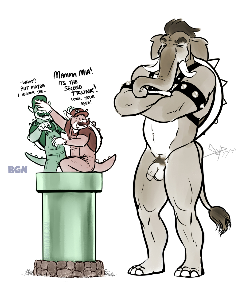 3boys anthro artist_signature balls bgn bowser dialogue elephant_bowser flaccid limited_palette luigi male_focus male_only mario mario_(series) muscular muscular_male nude penis species_swap super_mario_bros._wonder warp_pipe