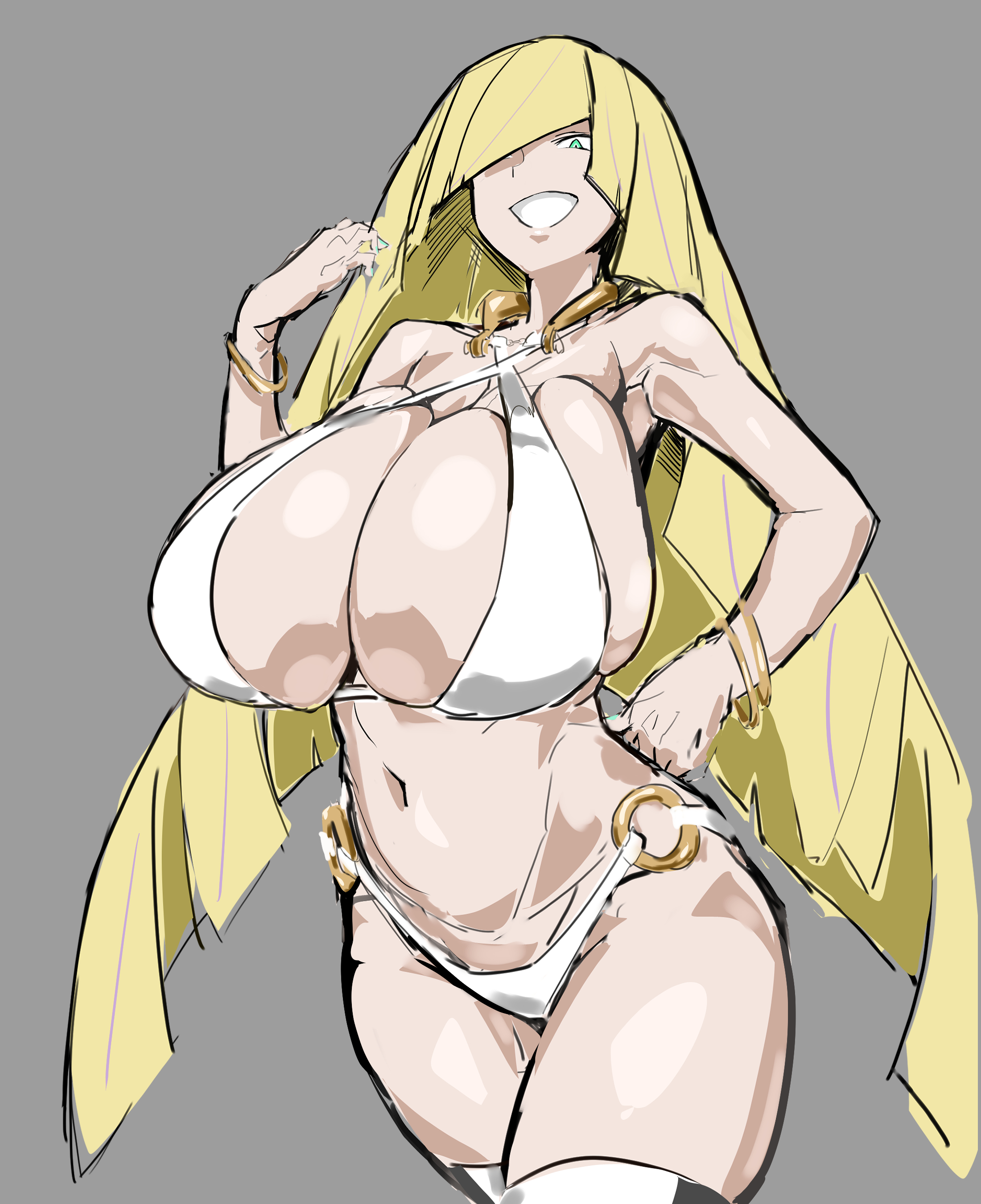 1girls, armwear, big breasts, bikini, bikini bottom, bikini top, blonde hair, bottomwear, bracelet, breasts, cleavage, female, female only, game freak, green eyes, hair, hair over one eye, hips, huge breasts, large breasts, legwear, long hair, lusamine (pokemon), mature, mature female, milf, mother, pokemon, pokemon sm, smile, solo, solo female, swimwear, thighs, topwear, white bikini, yuujiro