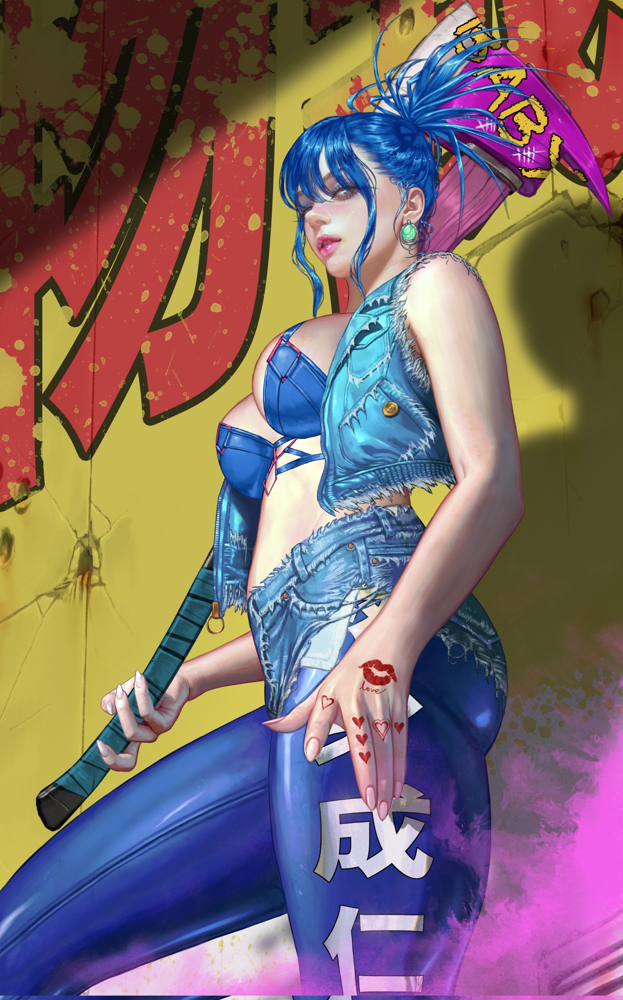 axe big_breasts blue_hair blue_tights bra earrings jacket jacket_open kyuyong_eom leather leather_jacket leather_topwear pink_lipstick shorts tattoo tattoos tight_clothing tights