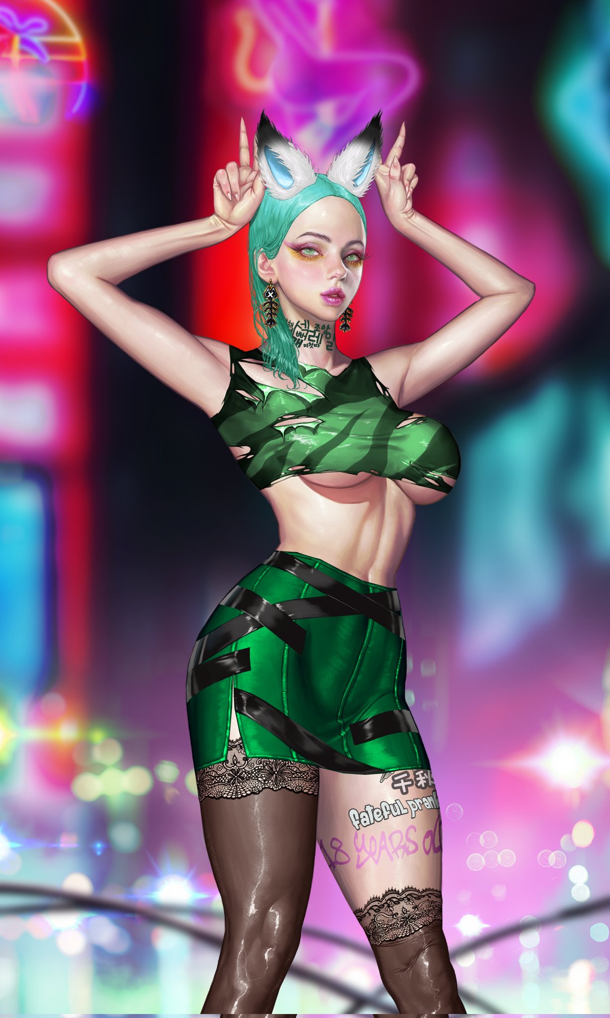 belly breasts cyberpunk cyberpunk_girl furry_ears kyuyong_eom punk punk_girl ripped_clothing tattoo thighhighs thighs tight_clothing underboob