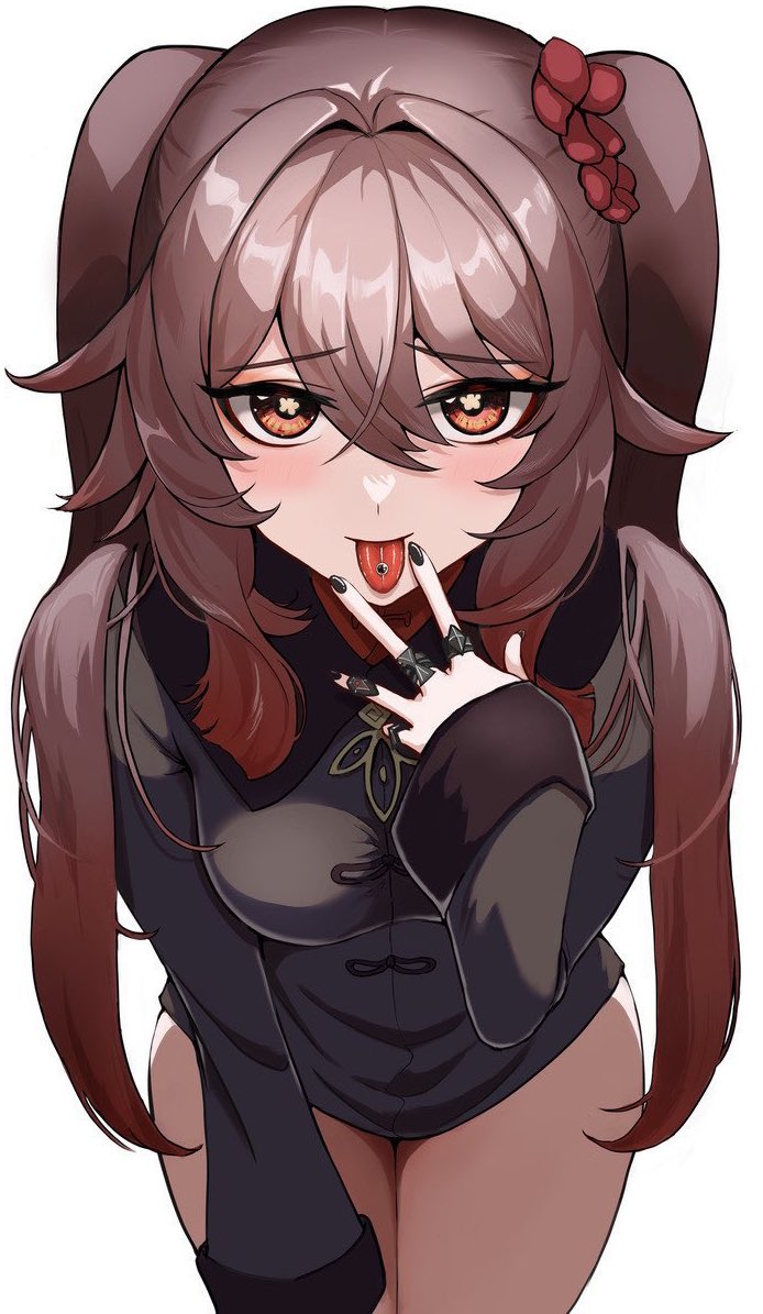 1girls bare_thighs blush breasts brown_hair clothing cunnilingus_gesture female genshin_impact hu_tao_(genshin_impact) looking_at_viewer naughty_face red_eyes solo tongue tongue_piercing twintails