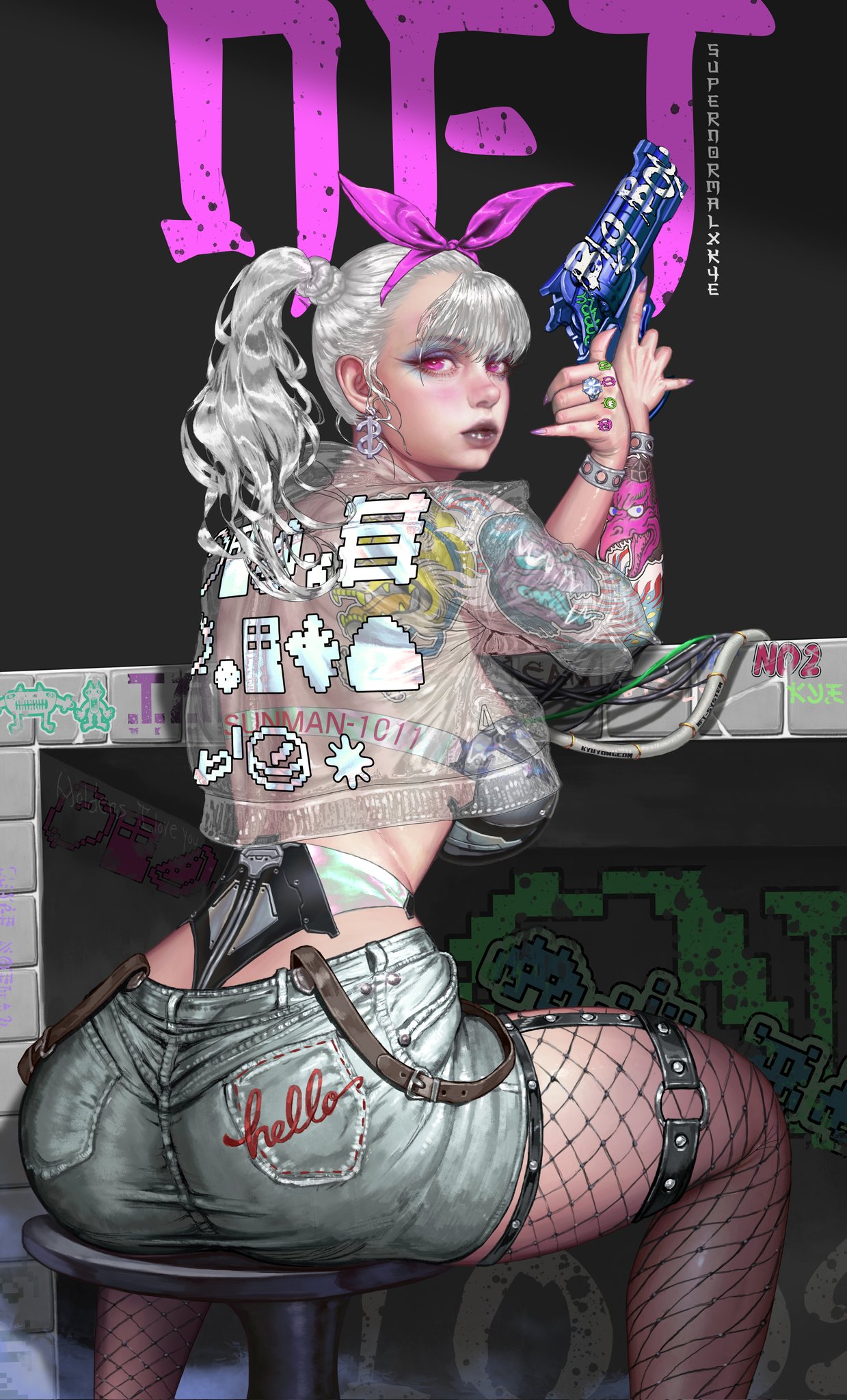 big_ass big_breasts bob_cut cybernetics cyberpunk cyberpunk_girl earrings fishnet fishnets futuristic_clothing grey_hair gun hair_ribbon jacket kyuyong_eom minecraft ponytail ponytails punk punk_girl ribbon shorts tail tattoo tattoos transparent_clothing