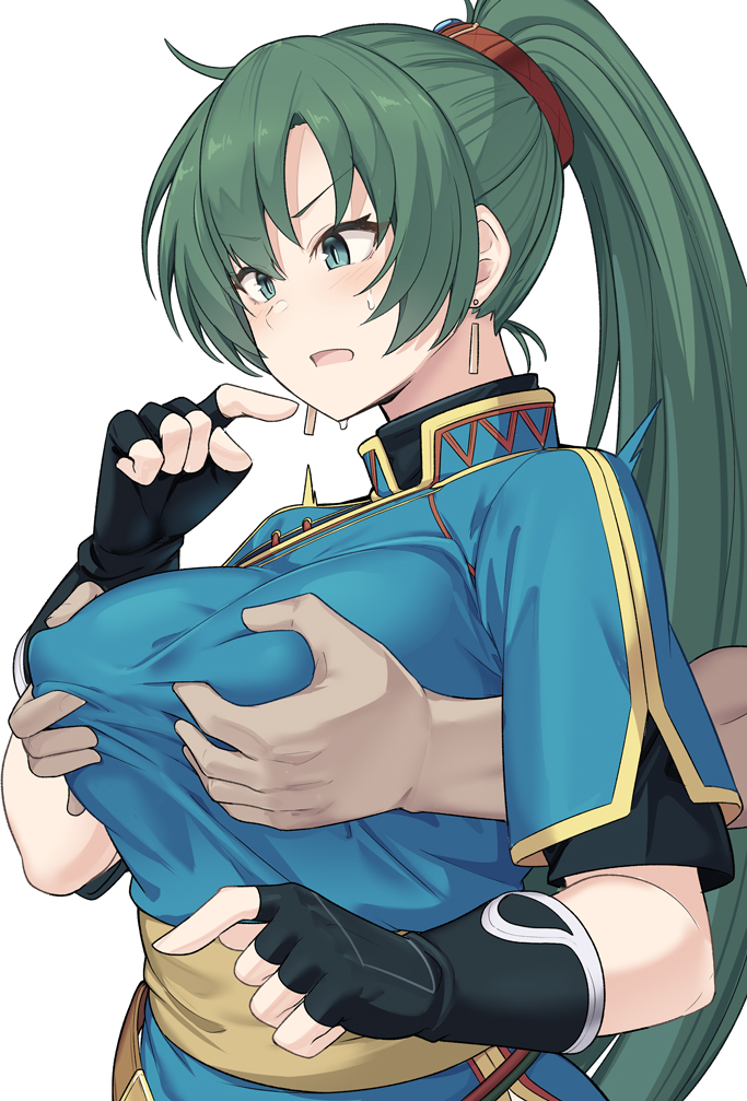 1boy, 1girls, black gloves, breast grab, breasts, covered nipples, double breast grab, earrings, female, female focus, fingerless gloves, fire emblem, fire emblem: the blazing blade, frown, gloves, grabbing, grabbing another's breast, grabbing from behind, green eyes, green hair, grey hair, groping, jewelry, large breasts, long hair, lyn (fire emblem), male, molestation, nintendo, open mouth, ponytail, shiseki hirame, solo focus, white background