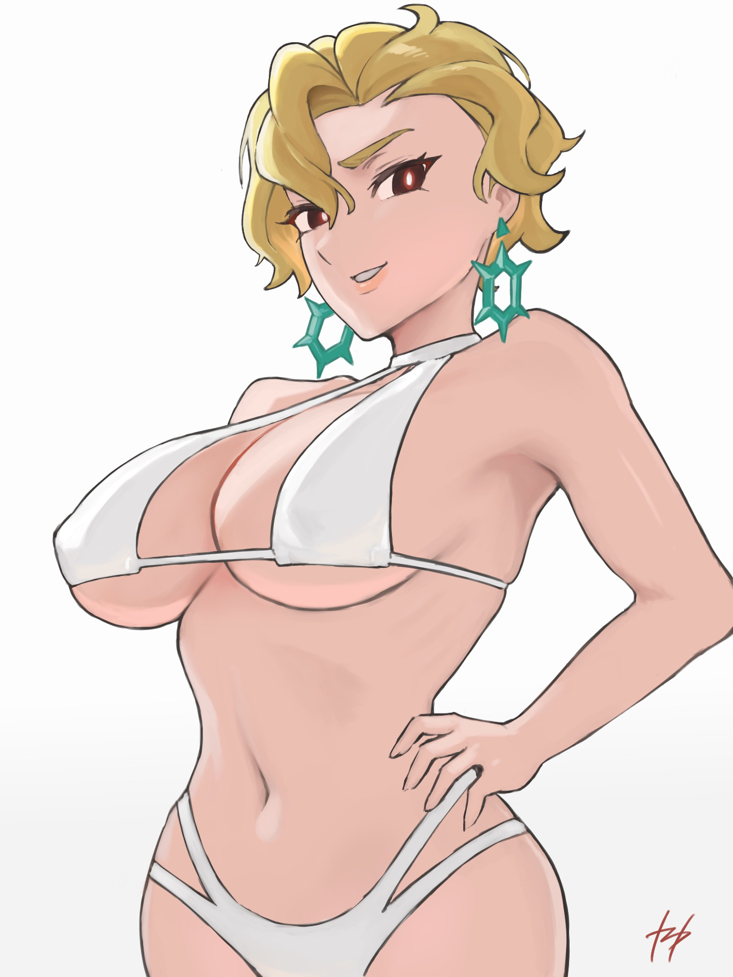 1girls, alternate breast size, big breasts, bikini, blonde hair, breasts, briar (pokemon), busty, cleavage, curvaceous, curvy, curvy female, curvy figure, earrings, female, fukuya art, game freak, huge breasts, large breasts, nintendo, pokemon, pokemon (game), pokemon sv, short hair, swimsuit, voluptuous