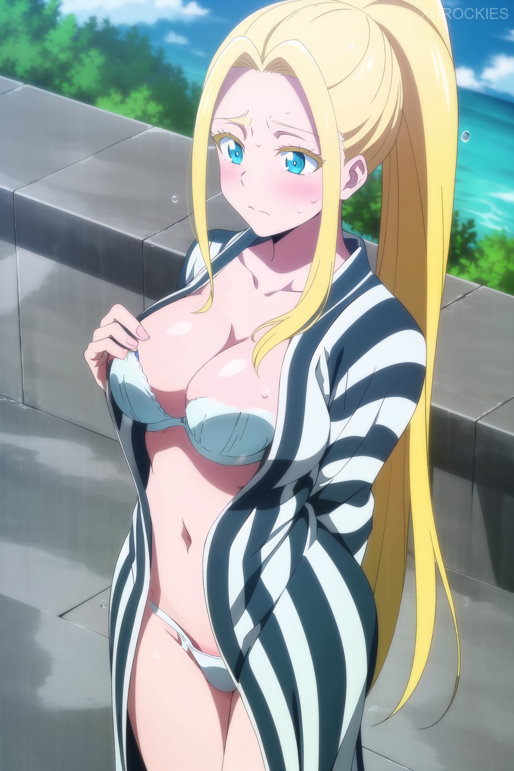 1girls, accurate art style, ai generated, beatrix amerhauser, big breasts, bikini, blonde hair, blonde-haired female, blue eyes, blush, breasts, female, light skin, light-skinned female, long hair, xurockies, zom 100: zombie ni naru made ni shitai 100 no koto