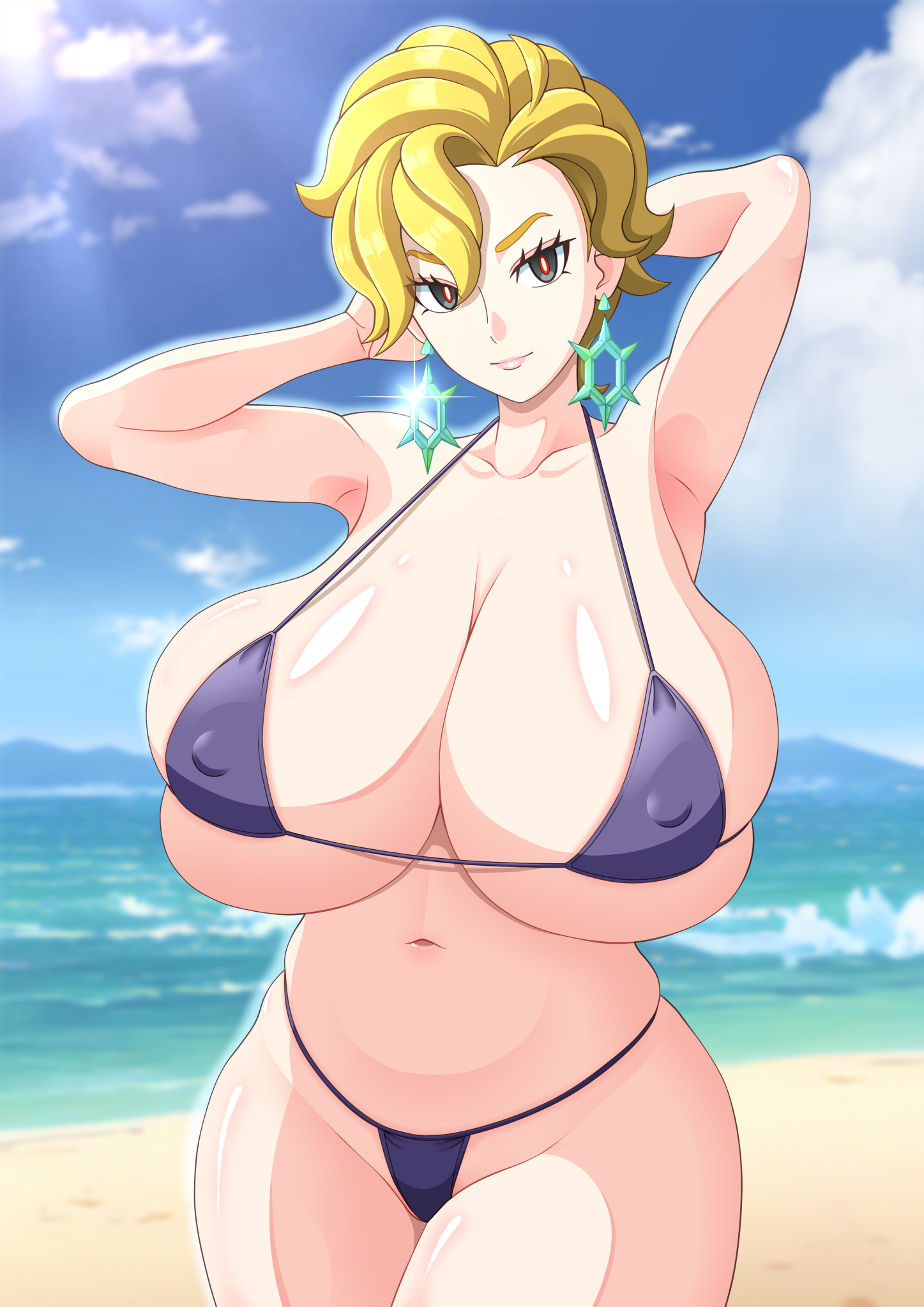 1girls, alternate breast size, arms behind head, beach, big breasts, bikini, bikini top, blonde hair, breasts, briar (pokemon), busty, curvaceous, curvy, curvy female, curvy figure, earrings, female, game freak, hands behind head, huge breasts, large breasts, nintendo, pokemon, pokemon (game), pokemon sv, s.forest, short hair, skimpy, string bikini, thick thighs, voluptuous, wide hips