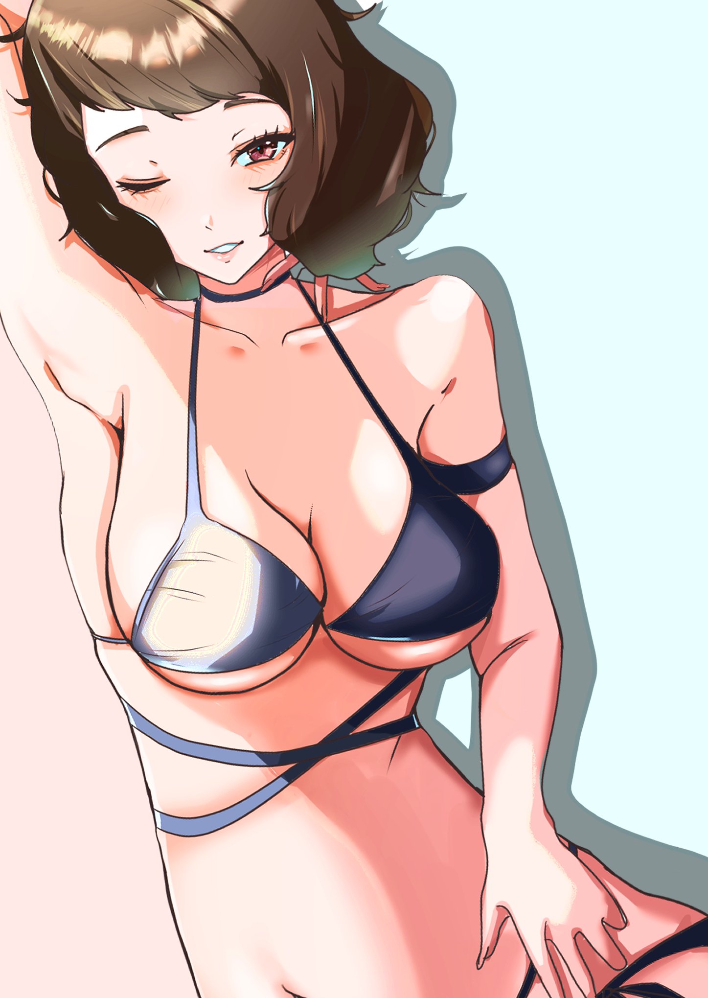 atlus, bikini, breasts, female, female only, looking at viewer, one eye closed, persona, persona 5, sadayo kawakami, solo, swimsuit, swimwear, tagme, takeminaieeru