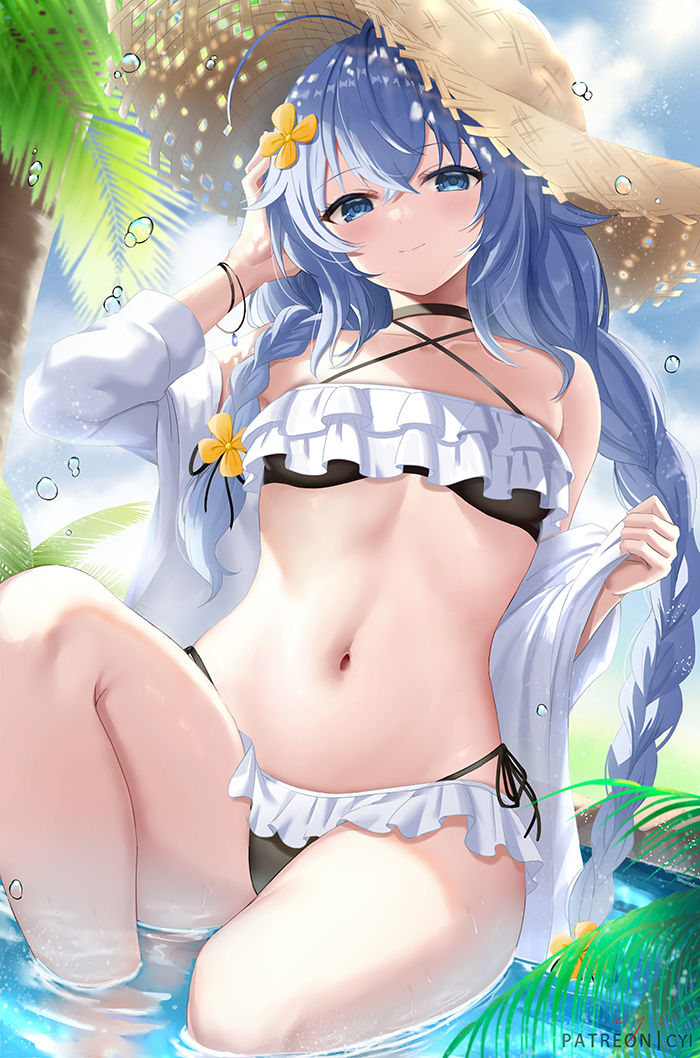 1girls ahoge bare_shoulders bikini black_bikini blue_eyes blue_hair blue_sky blush braid breasts closed_mouth collarbone crossed_bangs cyicheng female frilled_bikini frills hair_between_eyes hat long_hair long_sleeves looking_at_viewer mushoku_tensei navel off_shoulder open_clothes open_shirt palm_tree roxy_migurdia shirt sitting sky small_breasts smile solo stomach straw_hat swimsuit thighs tree twin_braids two-tone_bikini water white_bikini white_shirt