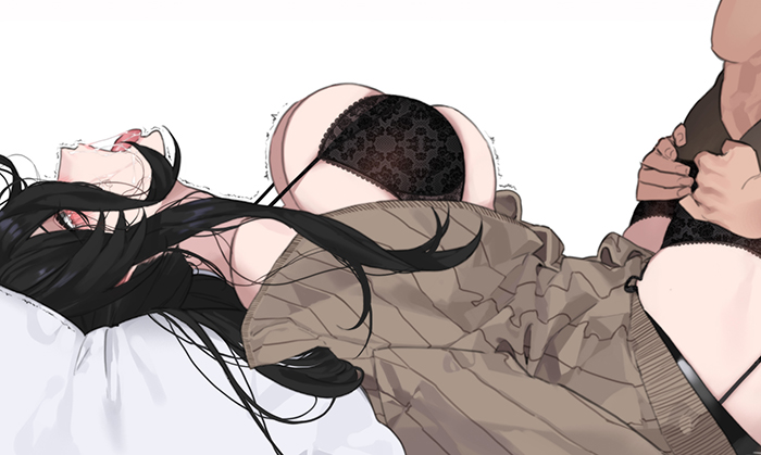 1boy, 1girls, ahe gao, black hair, bra, breasts, bursting breasts, busty, clothed sex, female, large breasts, lying, male, mature, mature female, mimyo, min jihyeon (mimyo), open mouth, orgasm, orgasm face, original, original character, rough sex, saliva, sex, simple background, sweater, thighhighs, tongue, white background