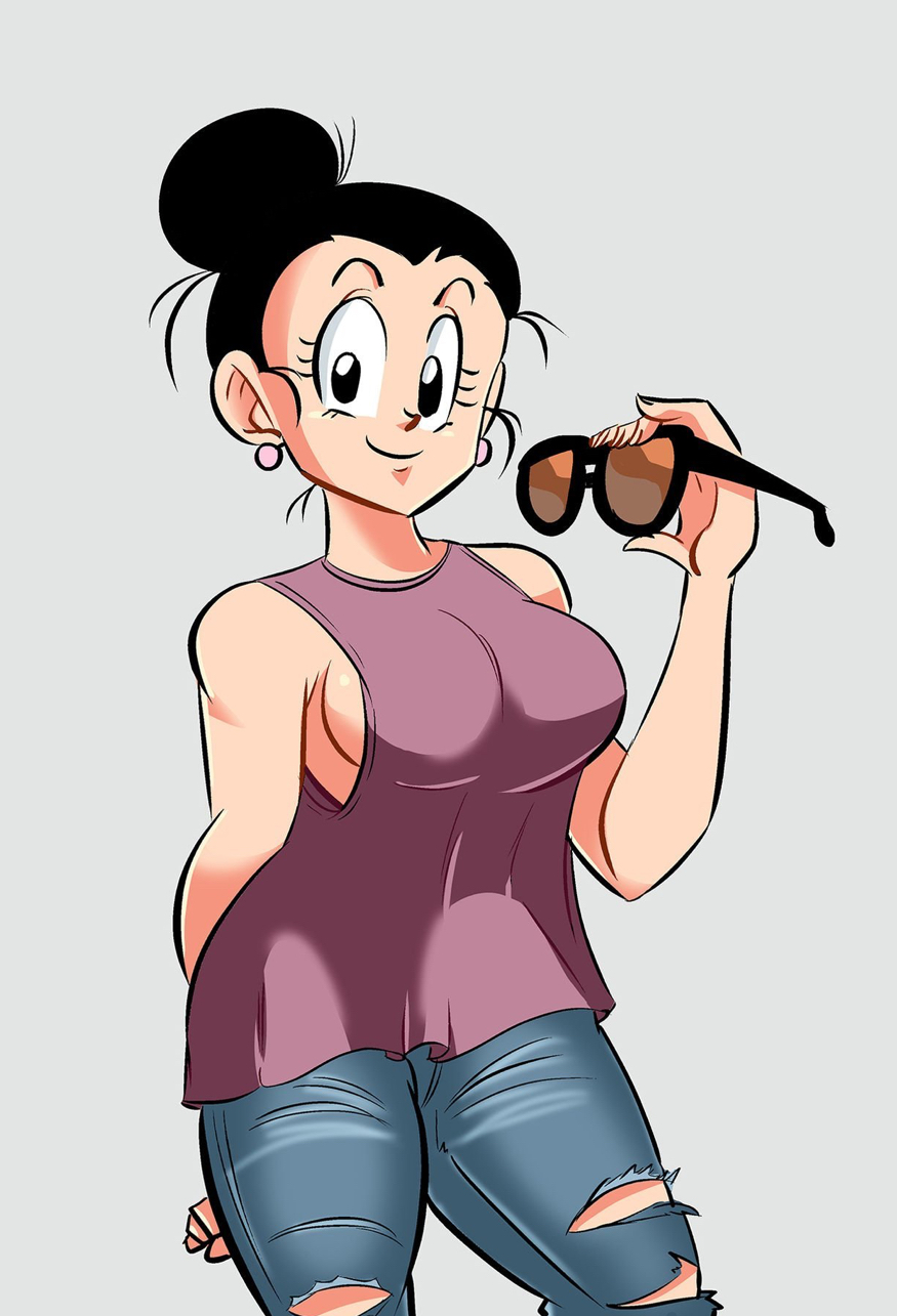 1girls big_breasts breasts chichi dragon_ball dragon_ball_super dragon_ball_z earrings eyewear_removed funsexydragonball holding_sunglasses pose ripped_jeans sunglasses sunglasses_removed tank_top